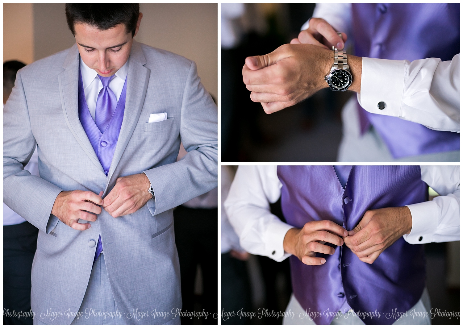 grey and purple wedding colors tux groom
