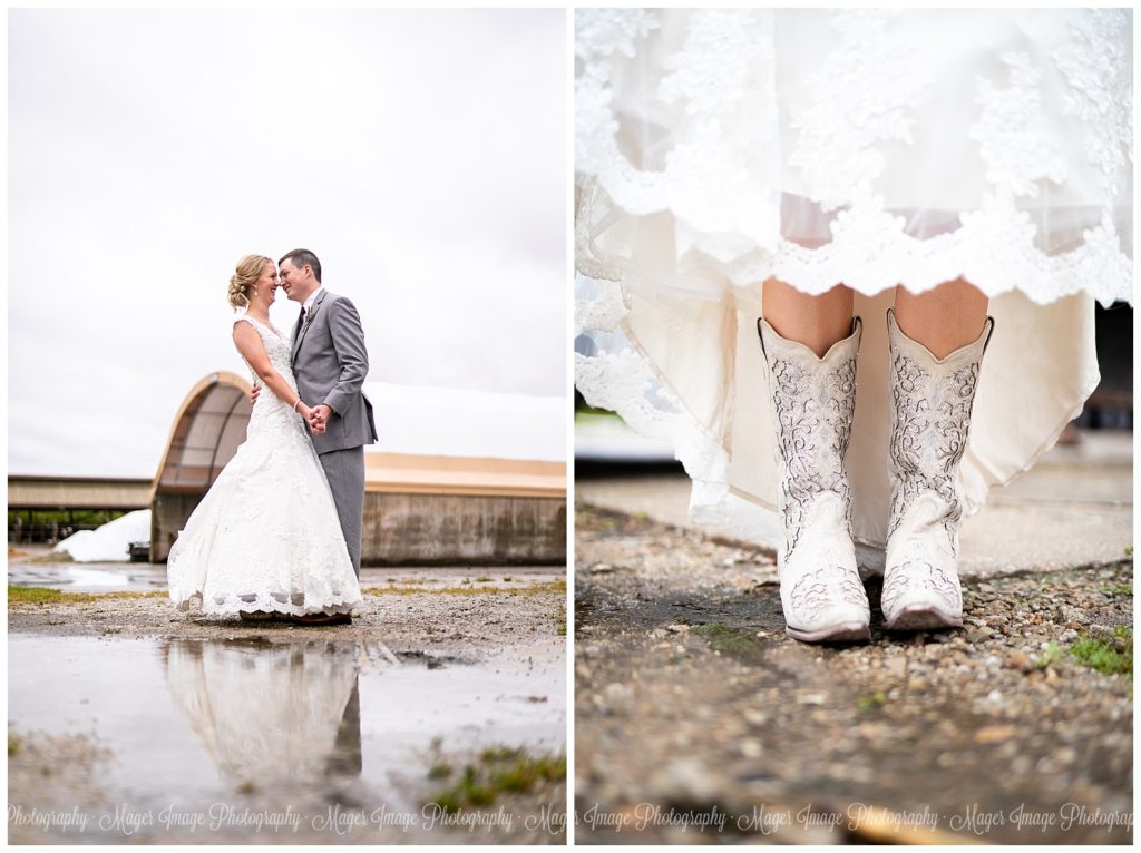 rainy wedding day puddles white wedding cowgirl boots