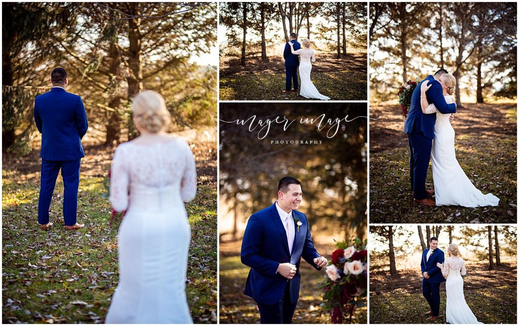 first look winter wedding pear tree grounds evergreens