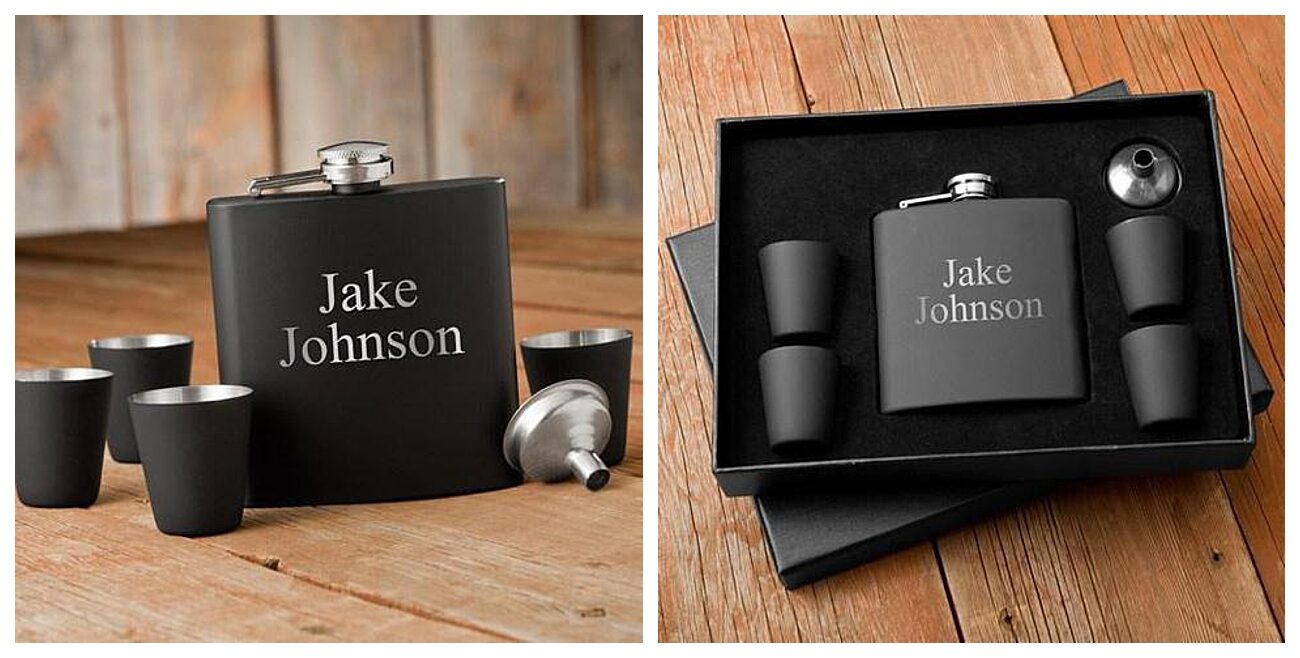 groomsment personalized flask and shot glasses