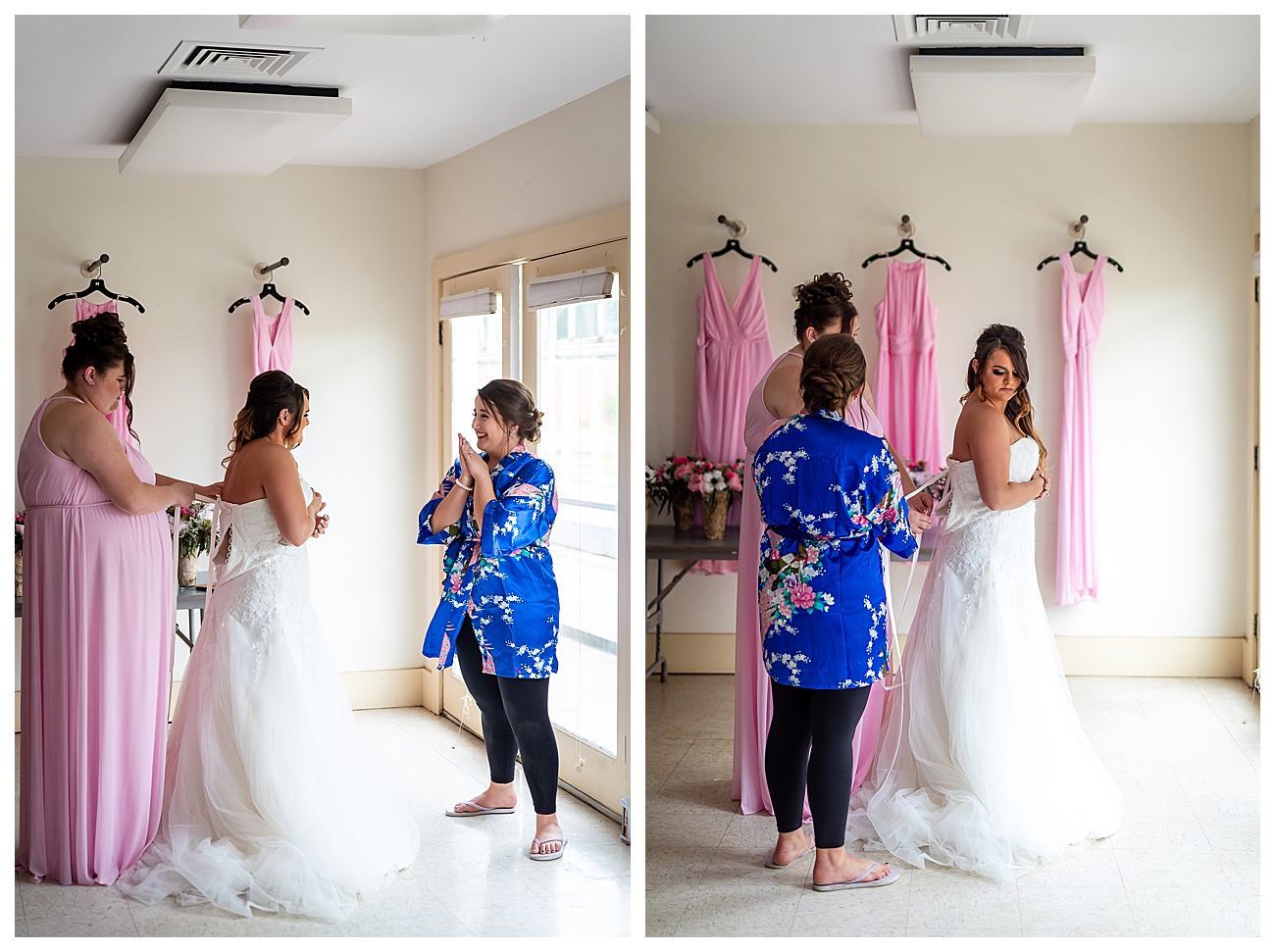 bride getting into wedding gown