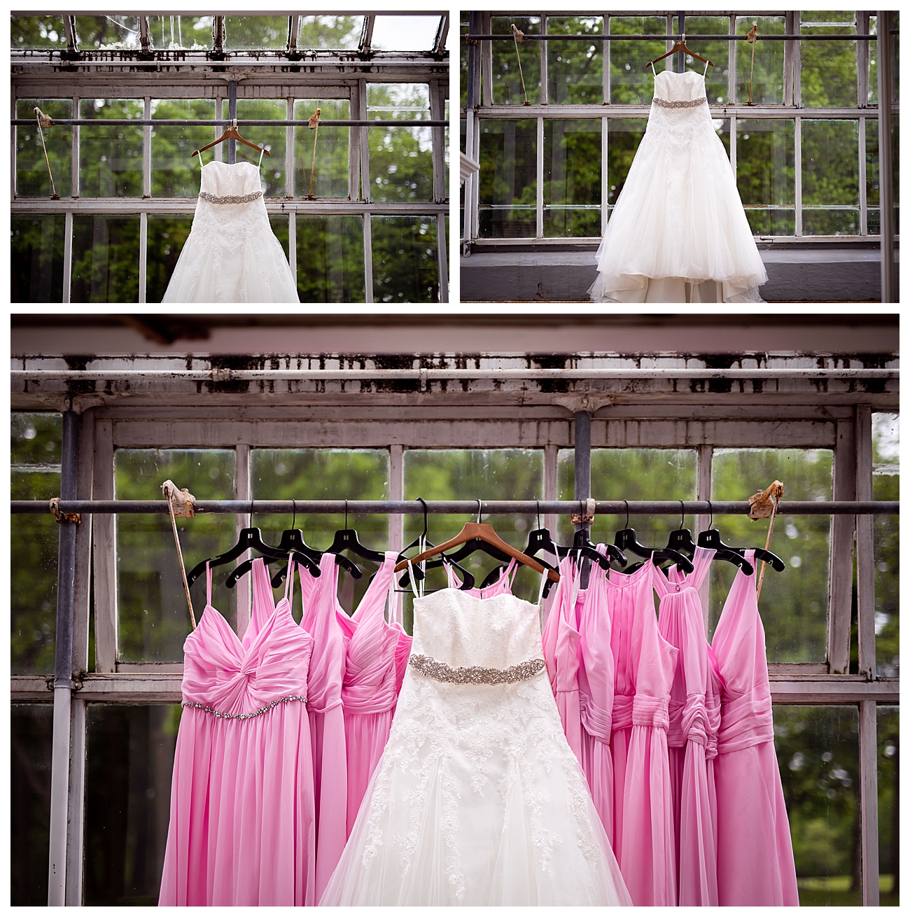 bridal dresses hanging in window