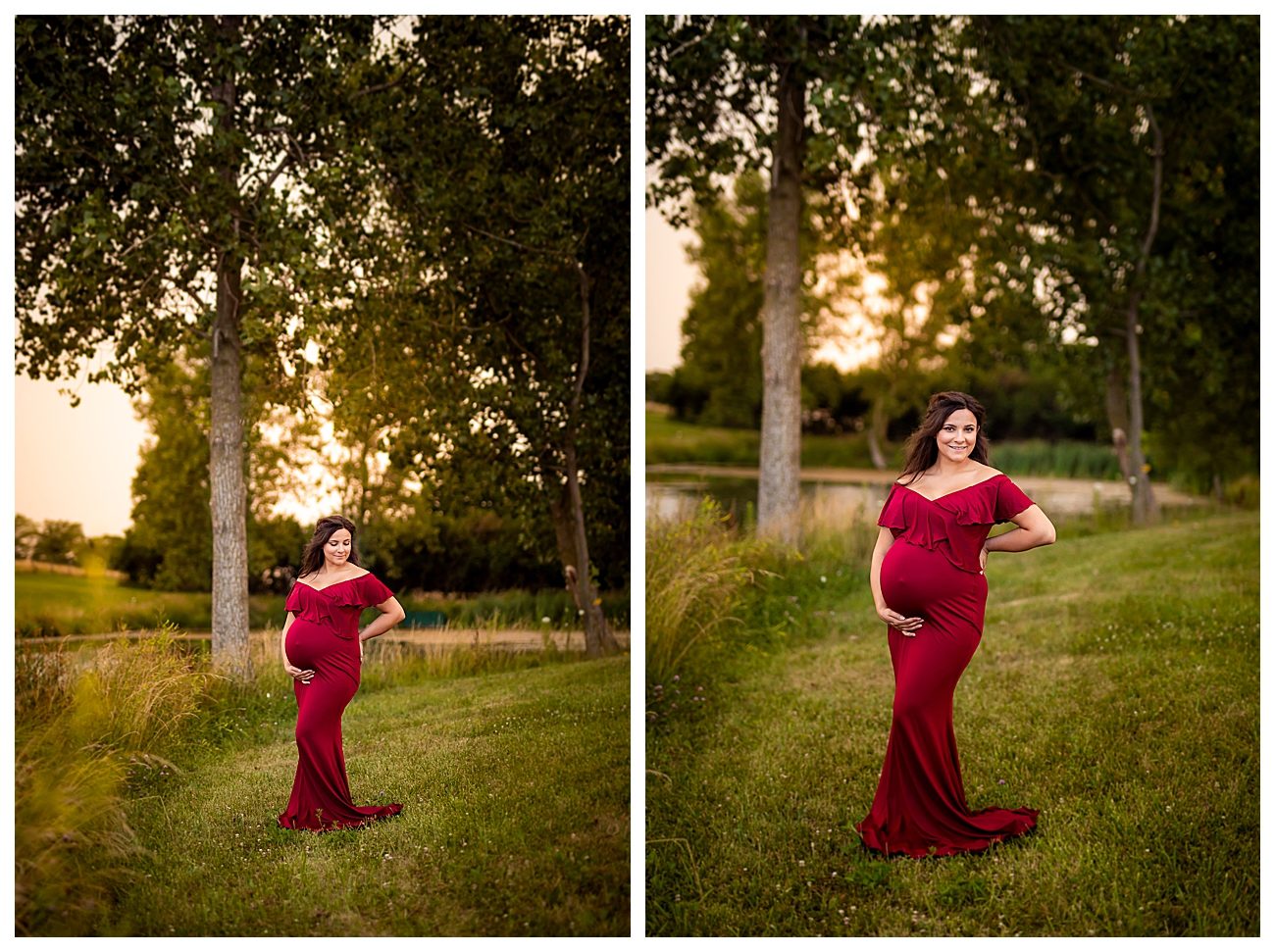 red maxi dress maternity session