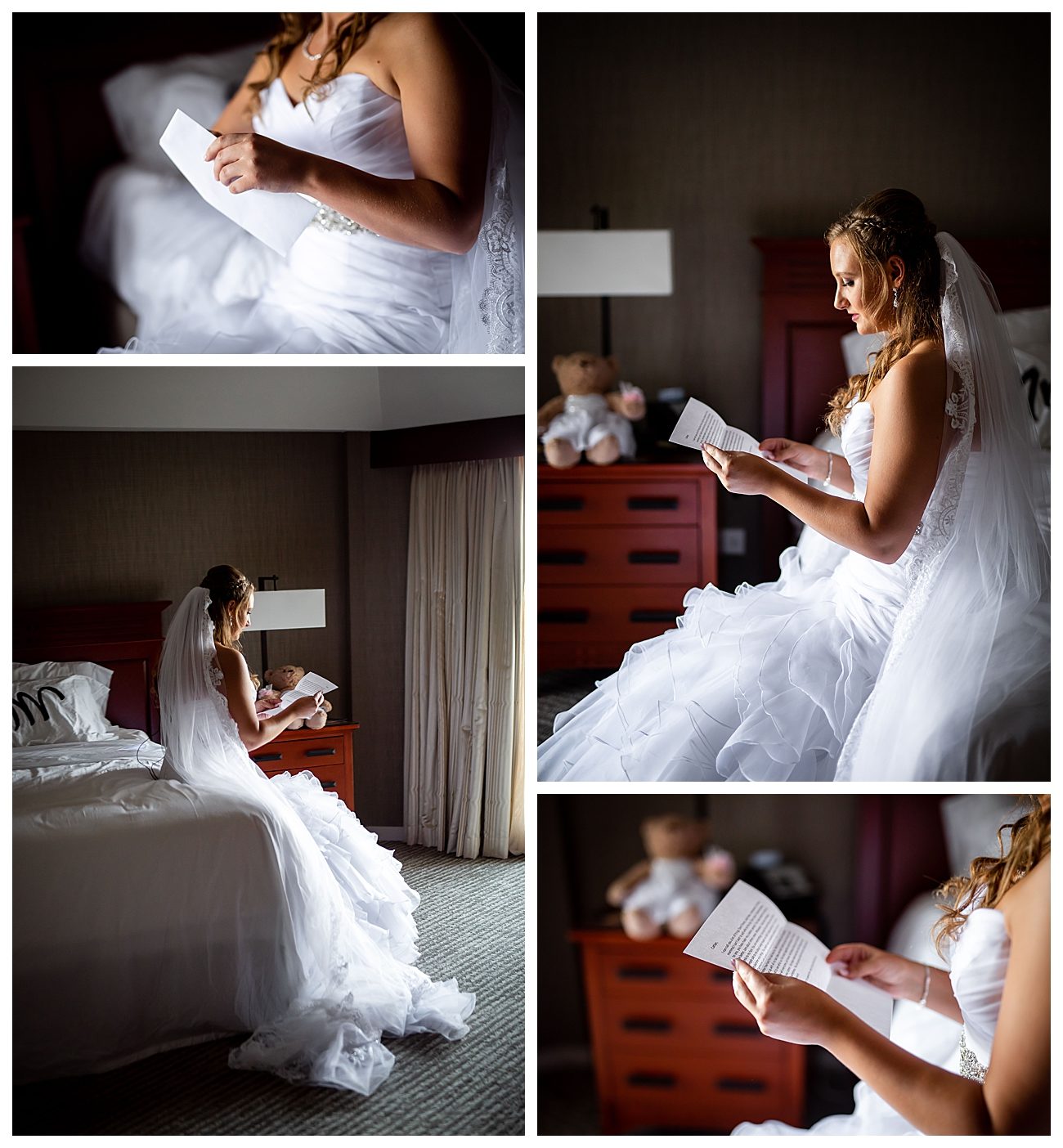 bride reading wedding day notes from groom