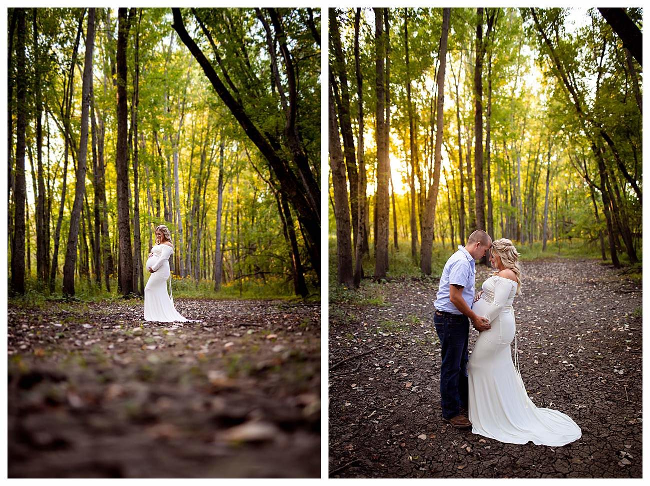 wooded maternity session long white dress