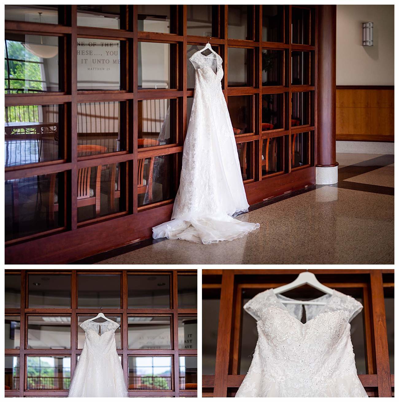 capped sleeve lace wedding dress hanging in window