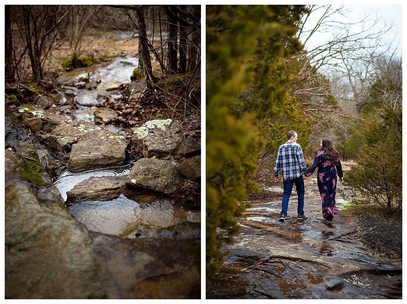 couple walking through stream at engagement session southern illinois