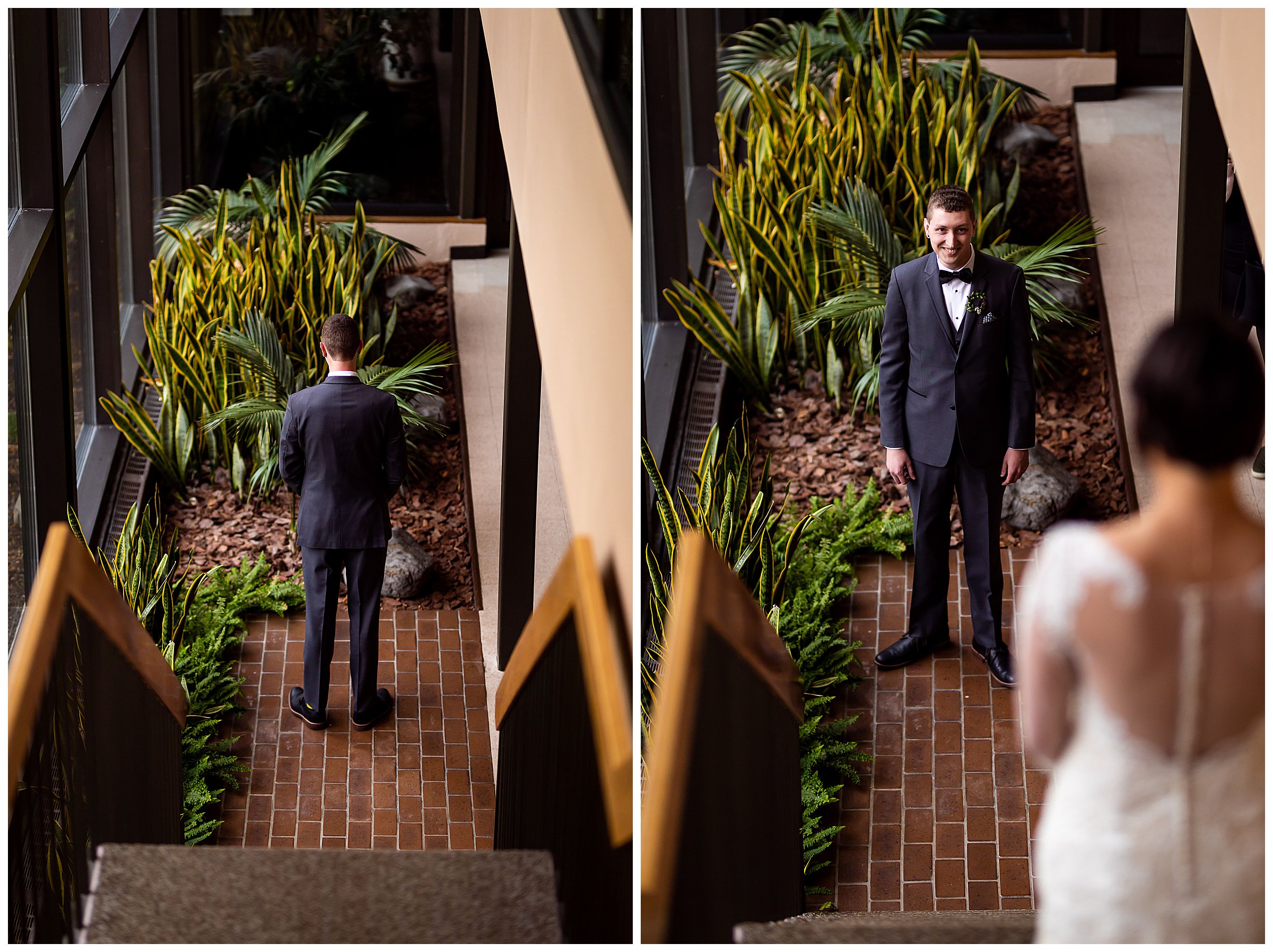 bride and groom first look atrium