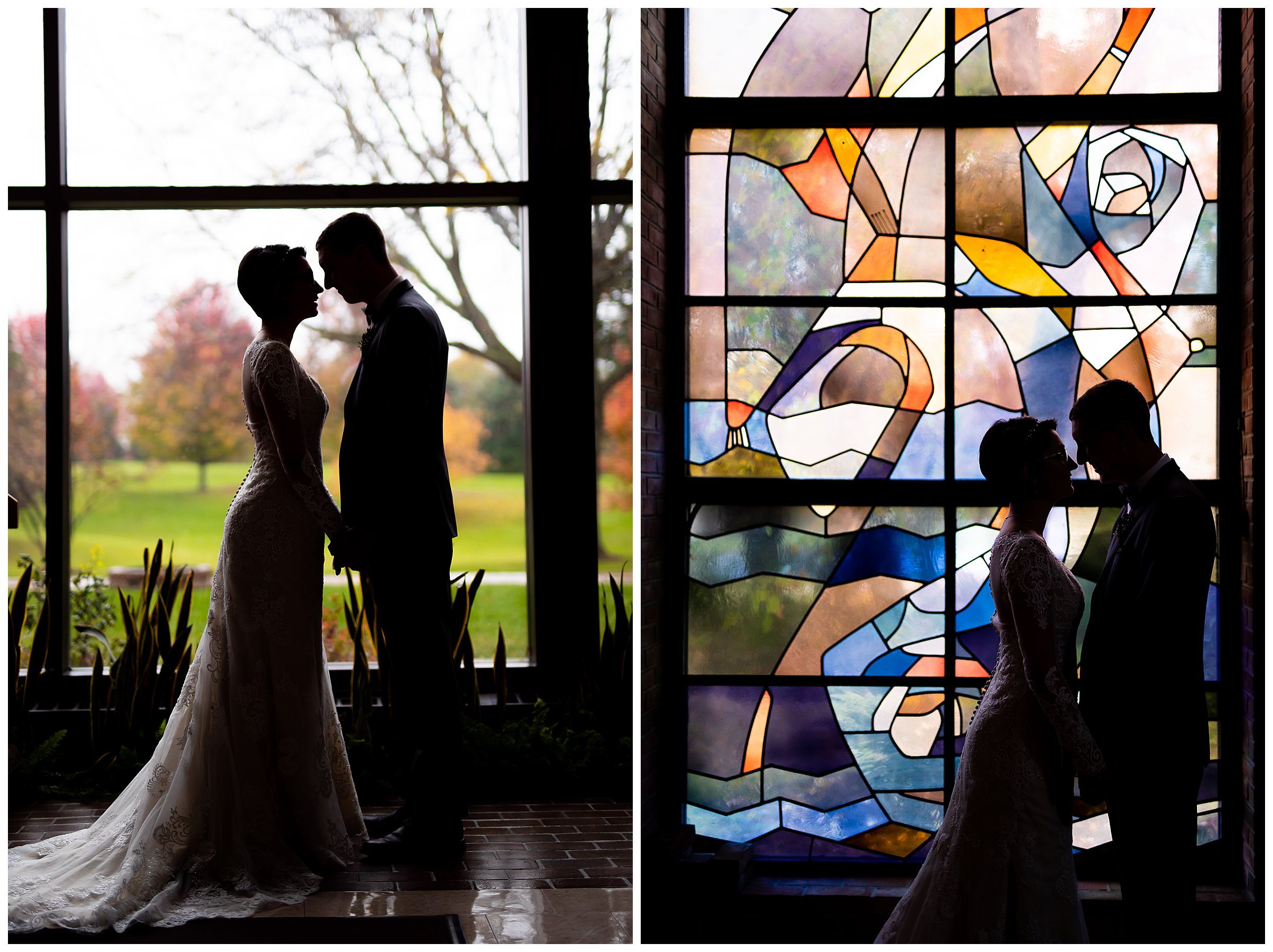 stain glass window wedding portrait