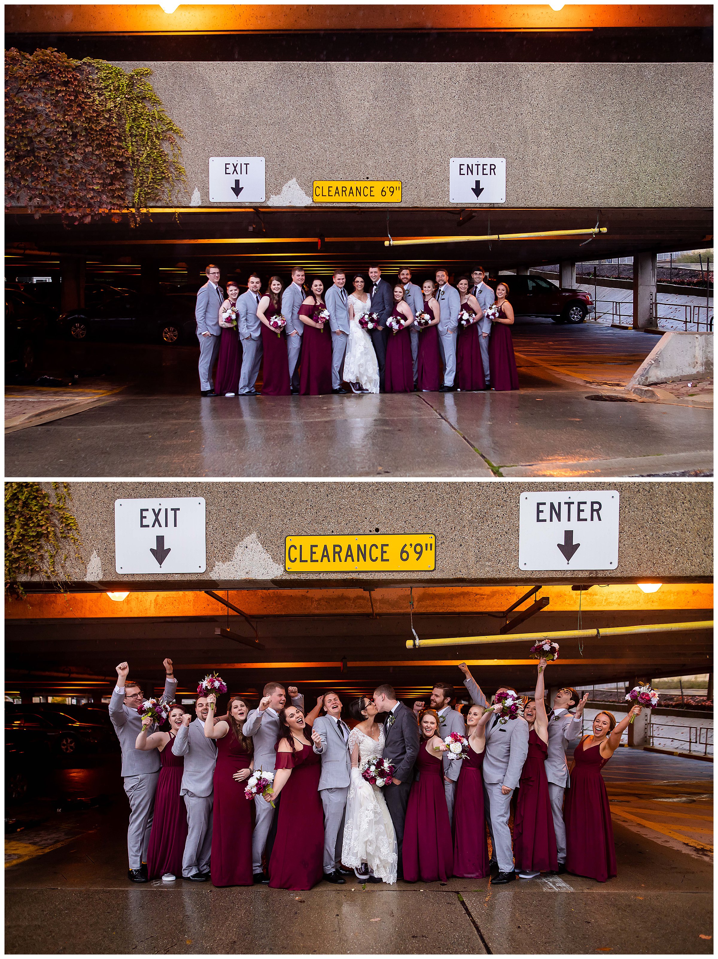 raining parking garage wedding portraits