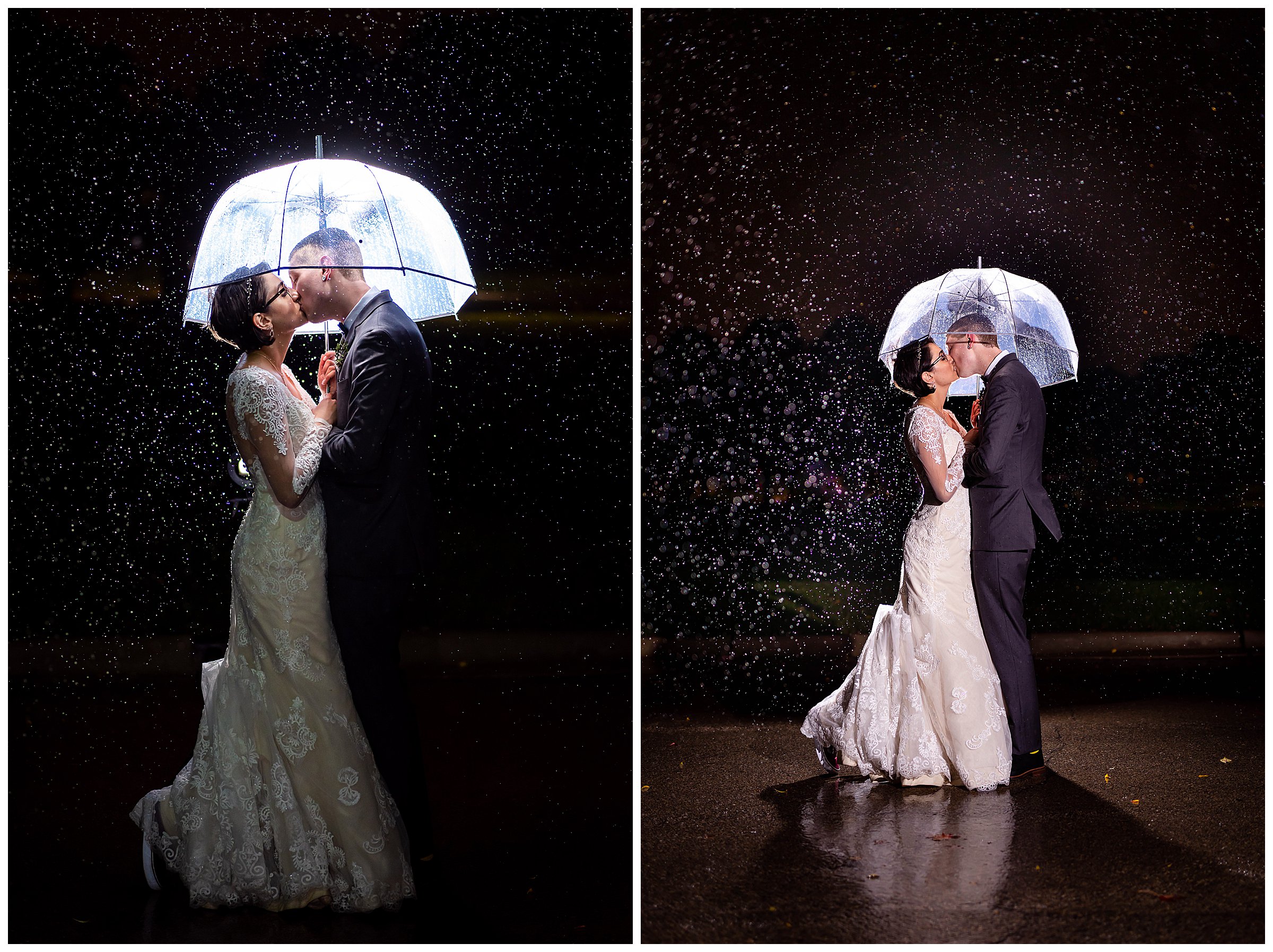 back lit rainy wedding photos