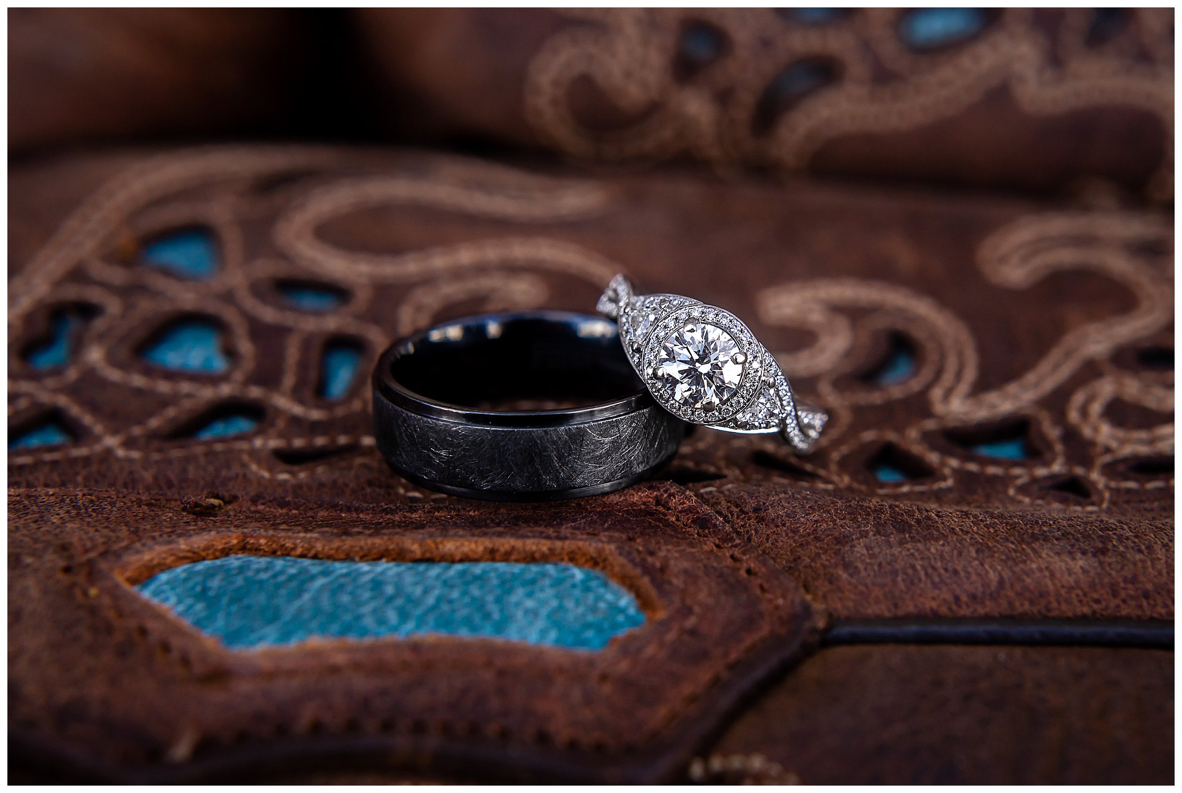 silver and black rustic wedding bands