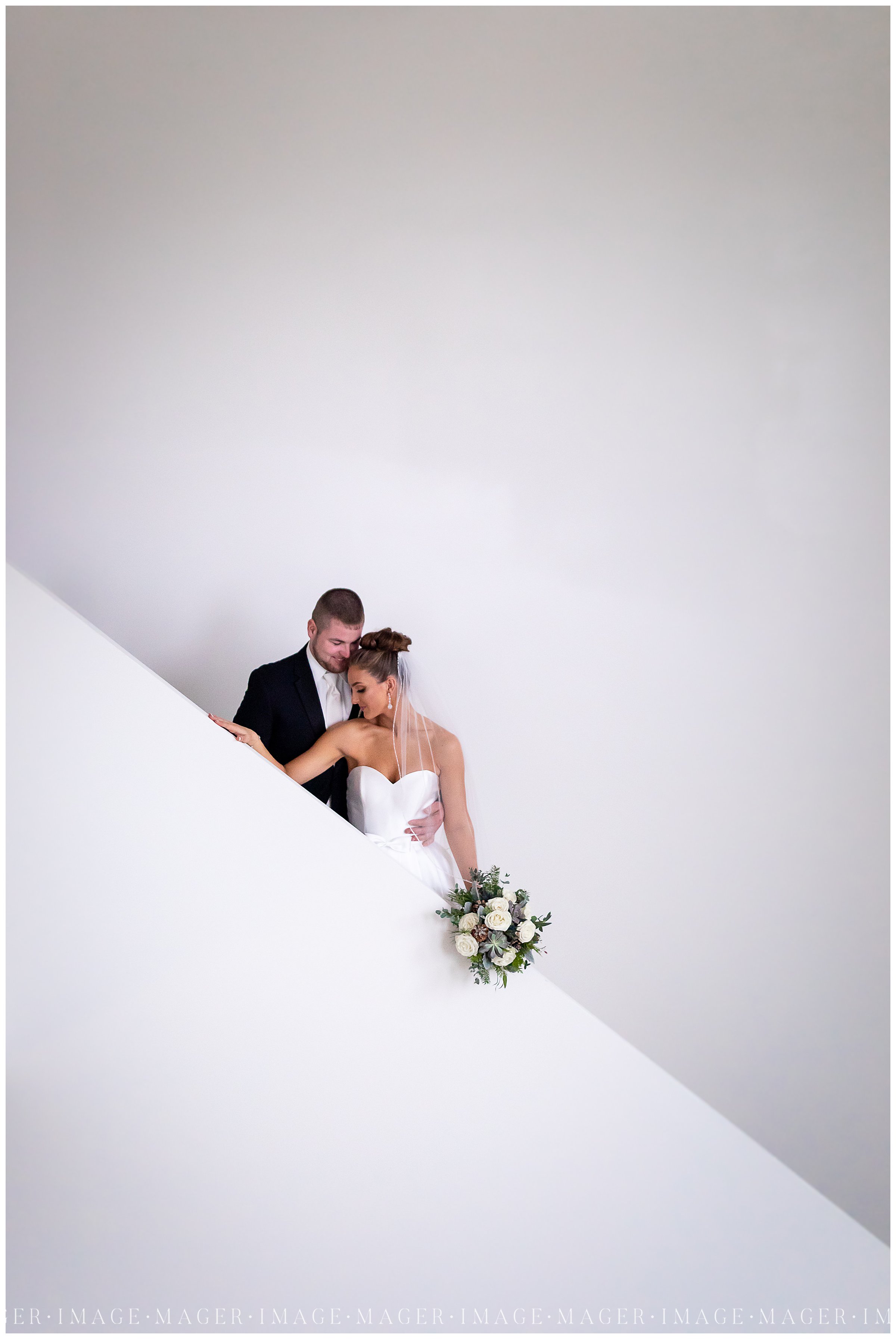 modern country winter wedding staircase portrait