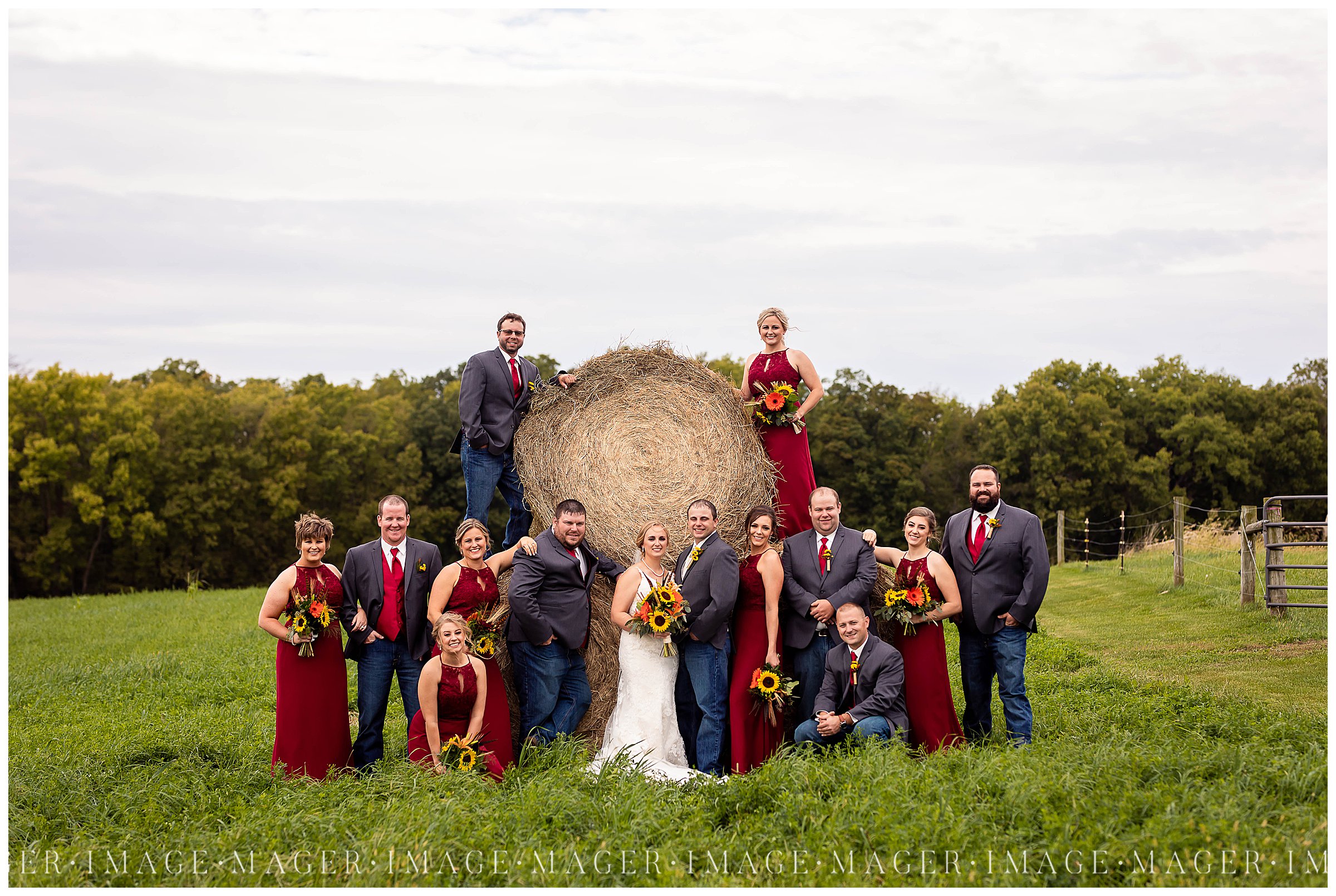 country hay bale bridal party portraits