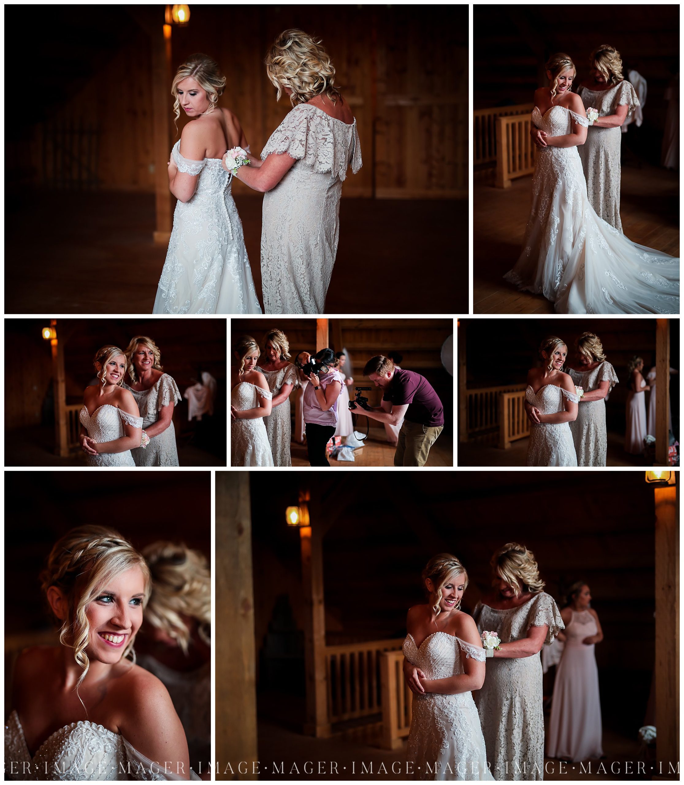 bride getting in wedding dress in barn 