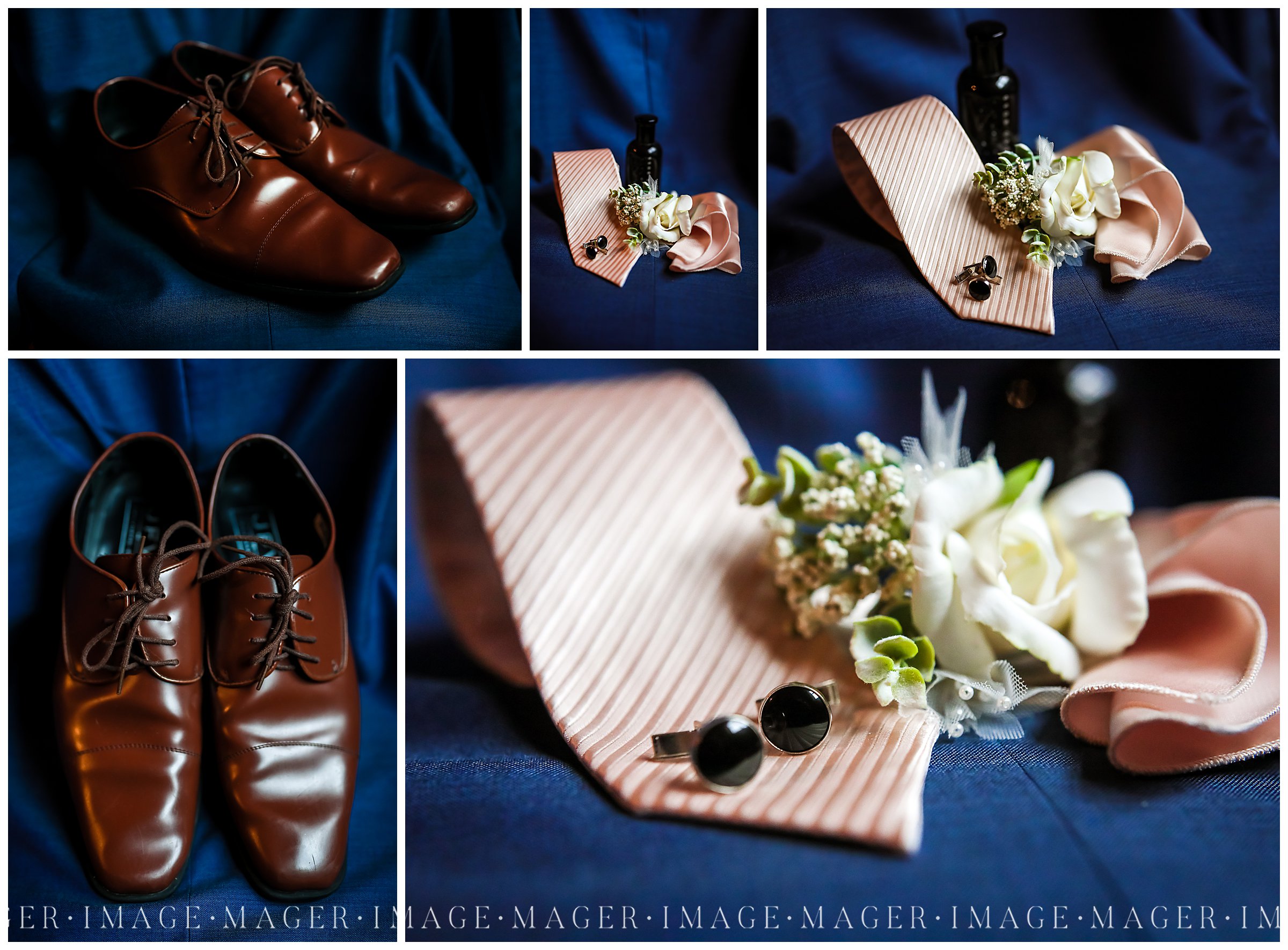 navy and blush groom wedding details