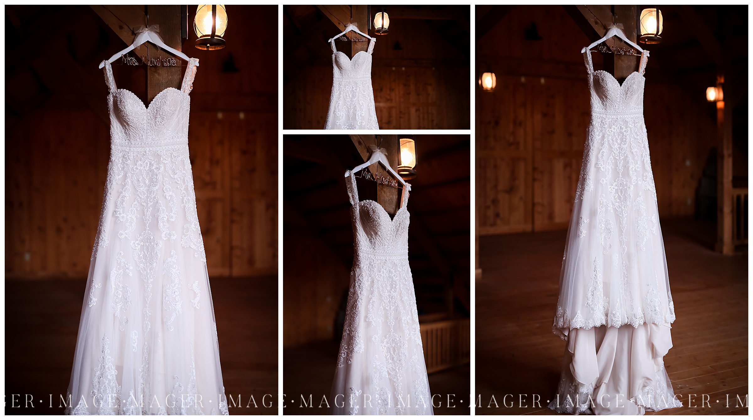 wedding dress hanging in barn