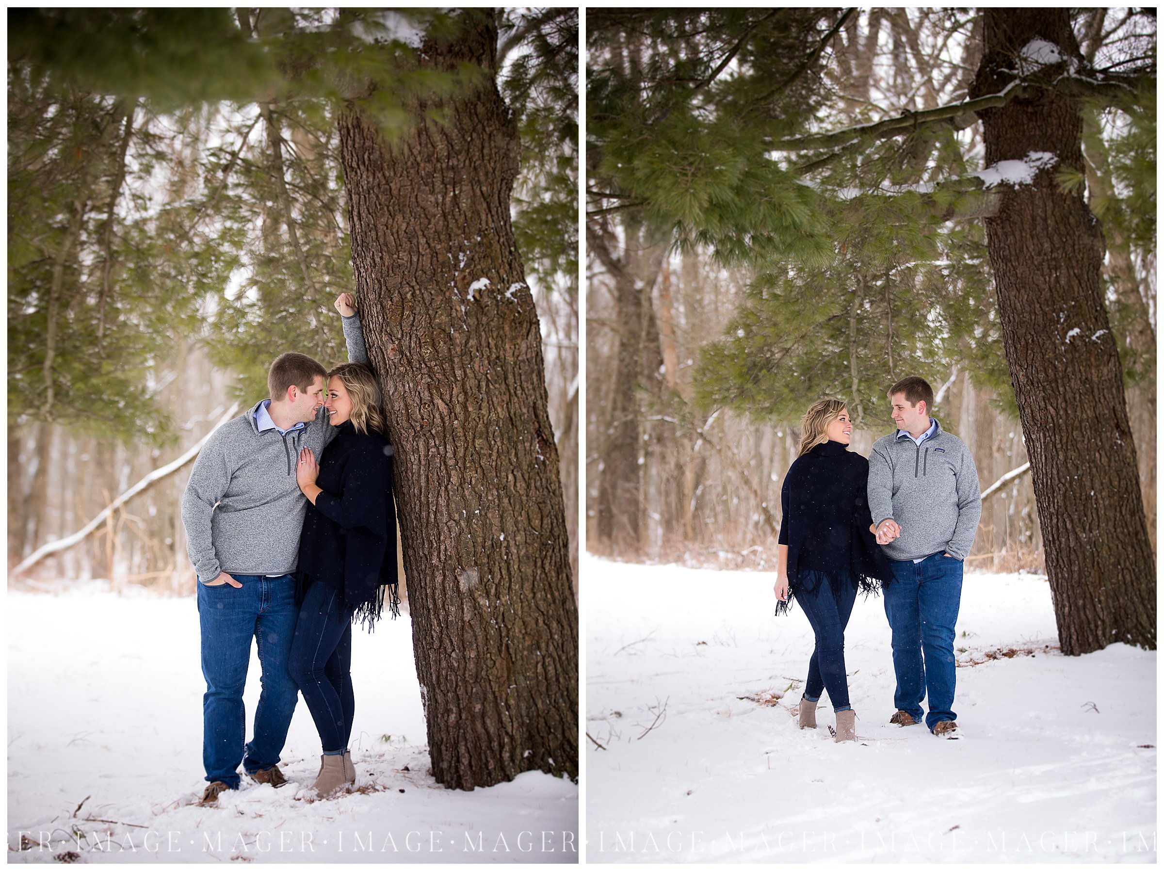 rural winter engagement session evergreen tree
