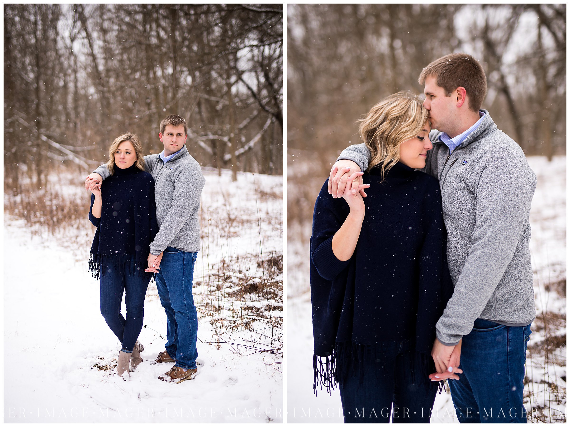 rural snow winter engagement session