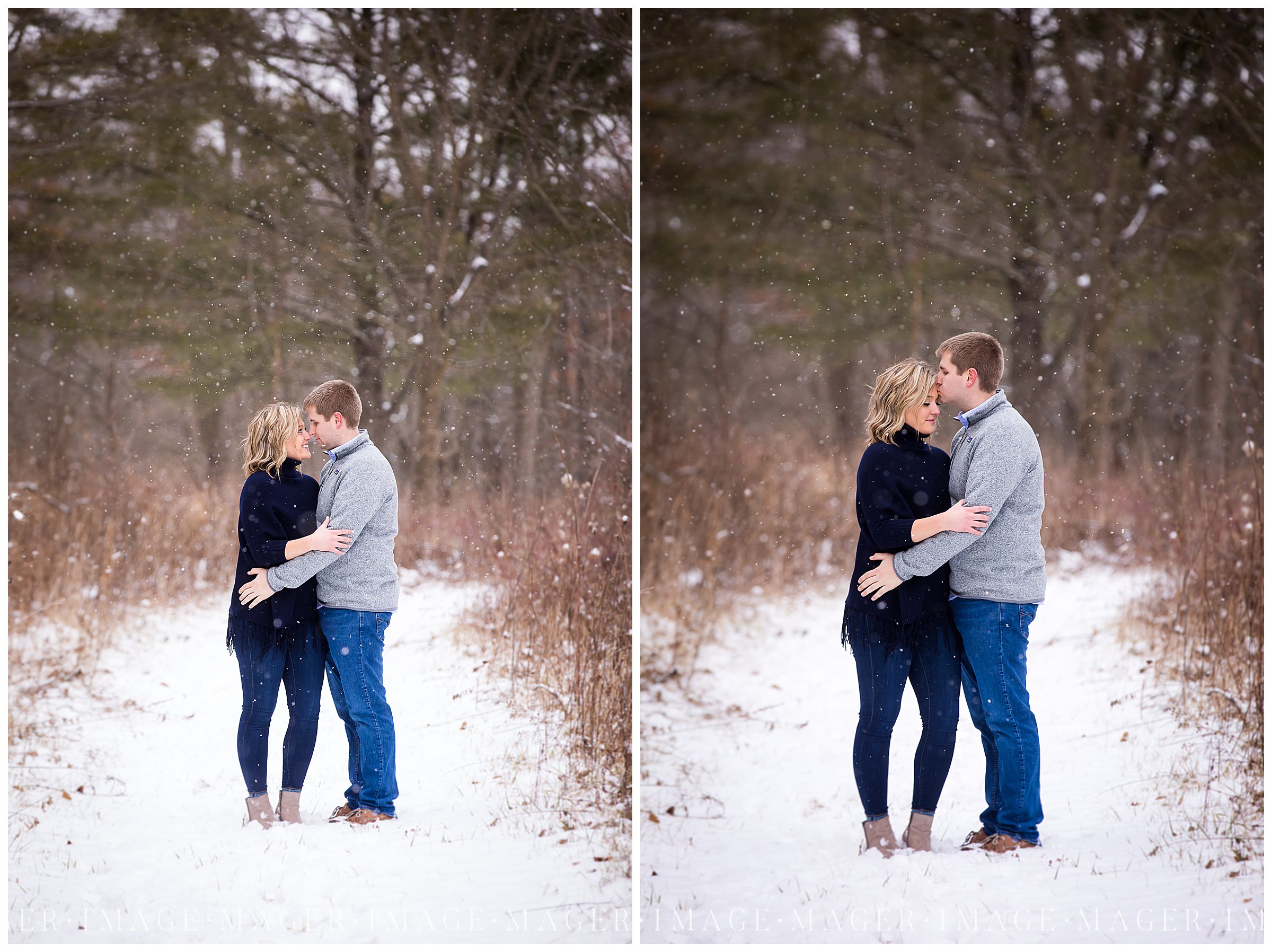 wooded field snow falling engagement session