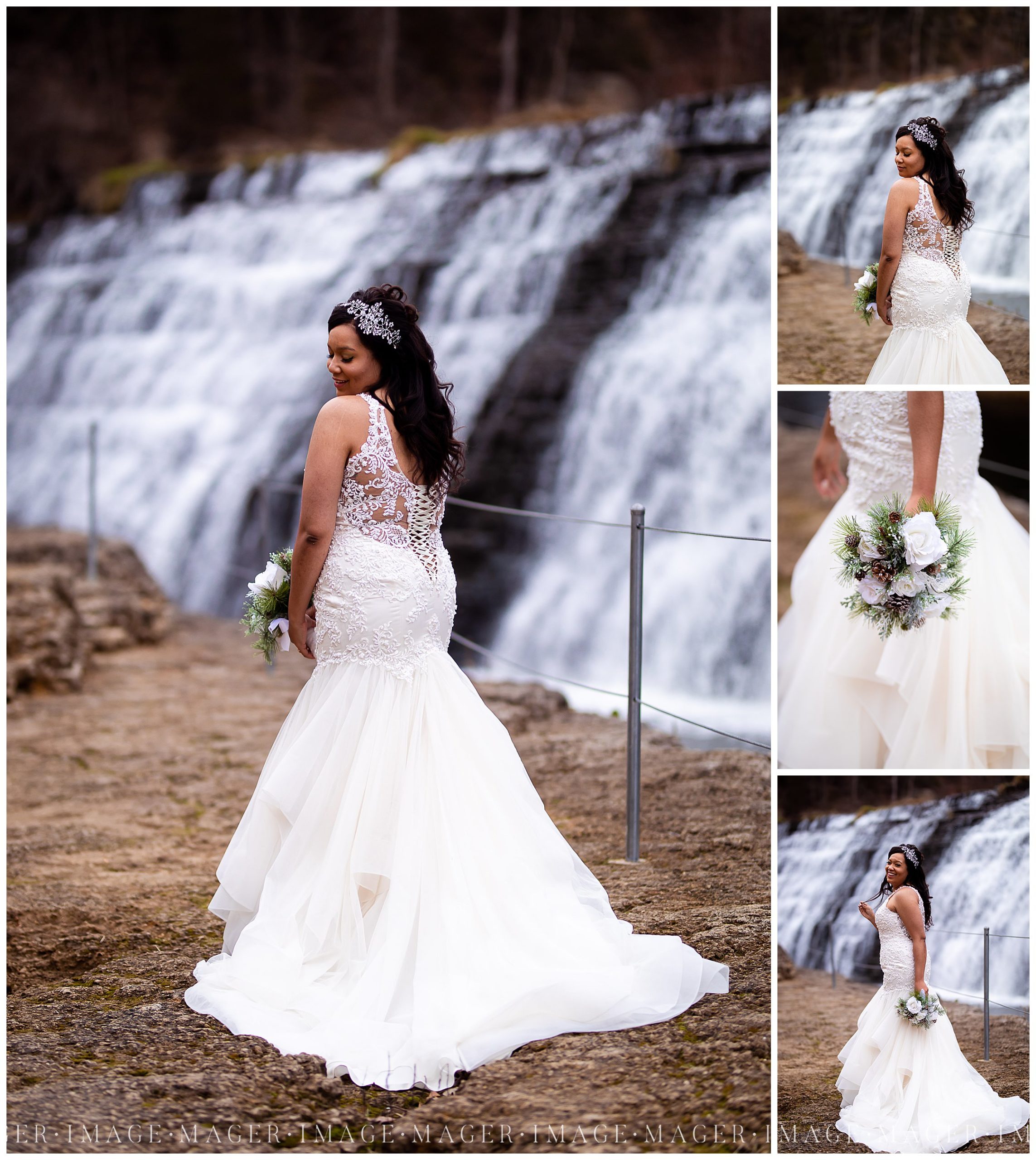 winter wedding brie waterfall background