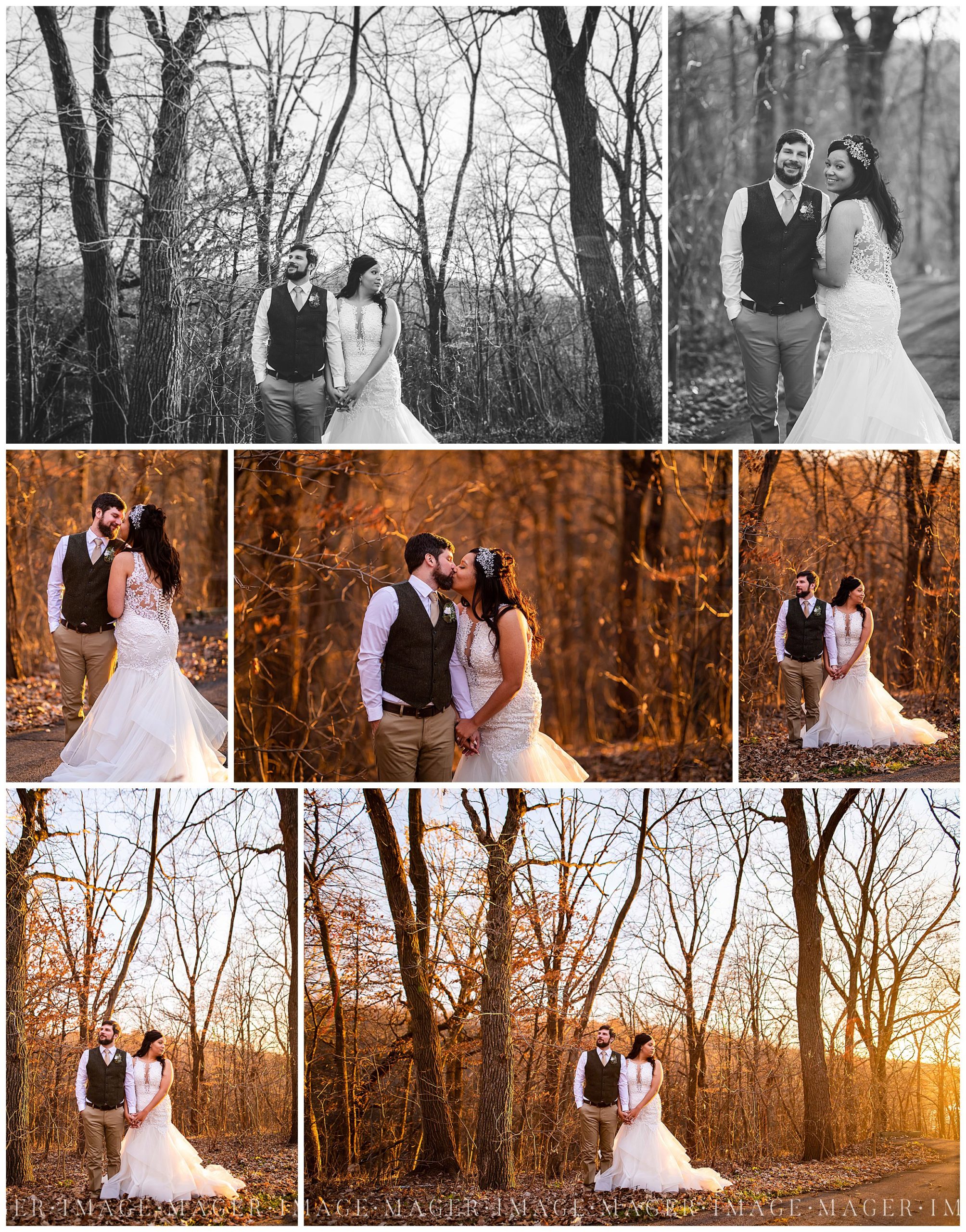sunset winter wedding woodsy portraits