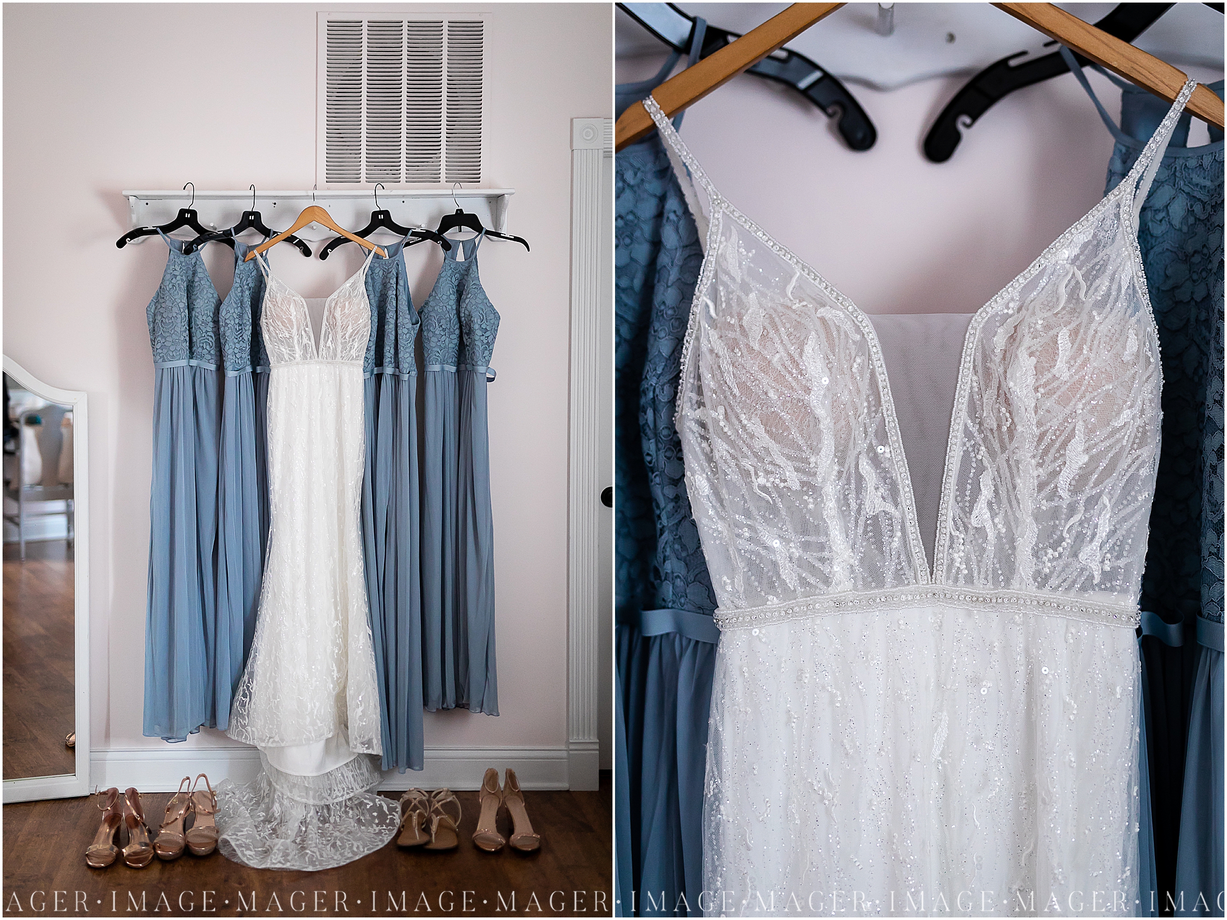 deep v-neck unique wedding dress, powder blue bridesmaid dresses