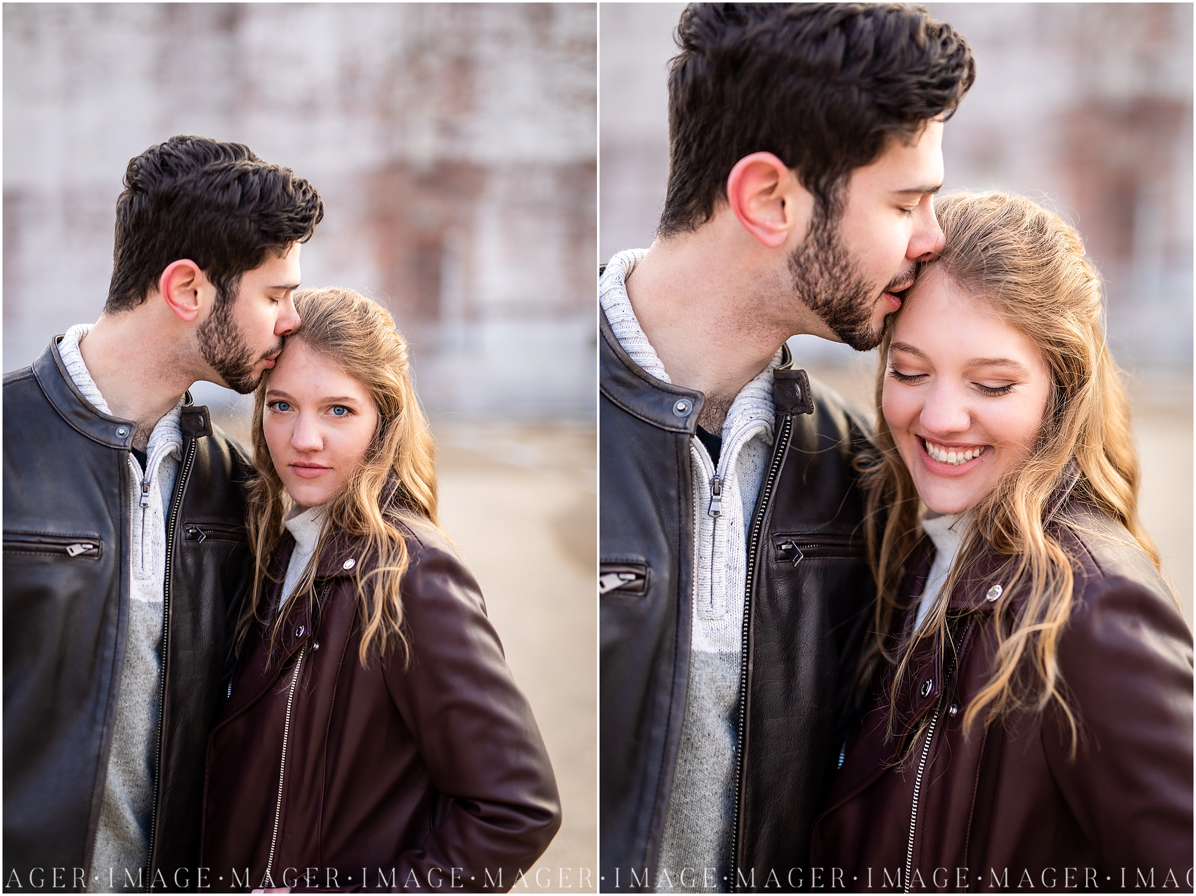 leather jacket winter engagement session, downtown champaign