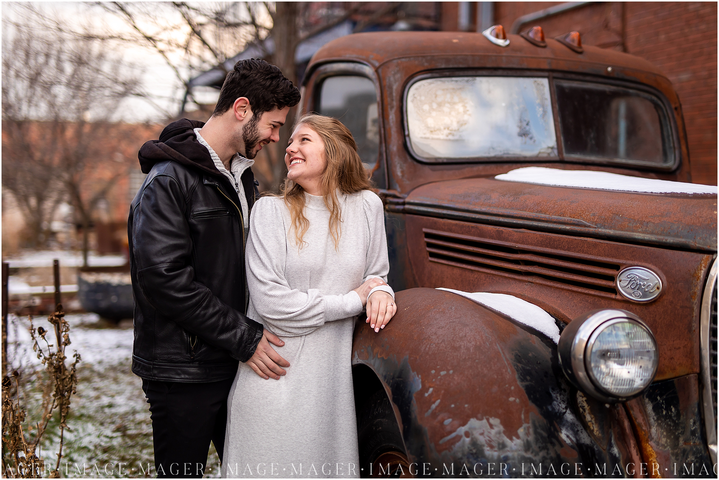 old truck downtown champaign winter engagement session