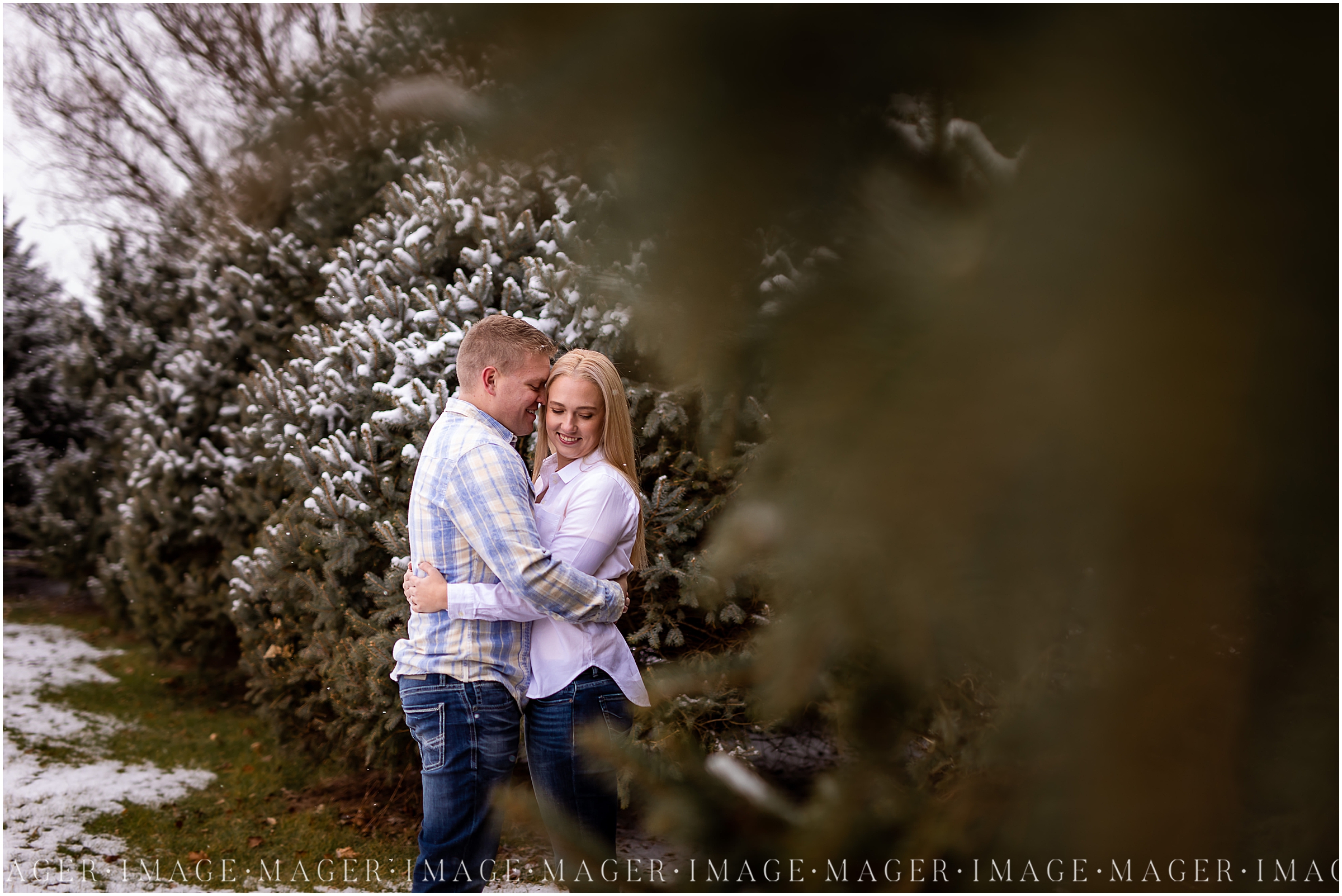 snow capped evergreen winter engagement session, ten mile grove