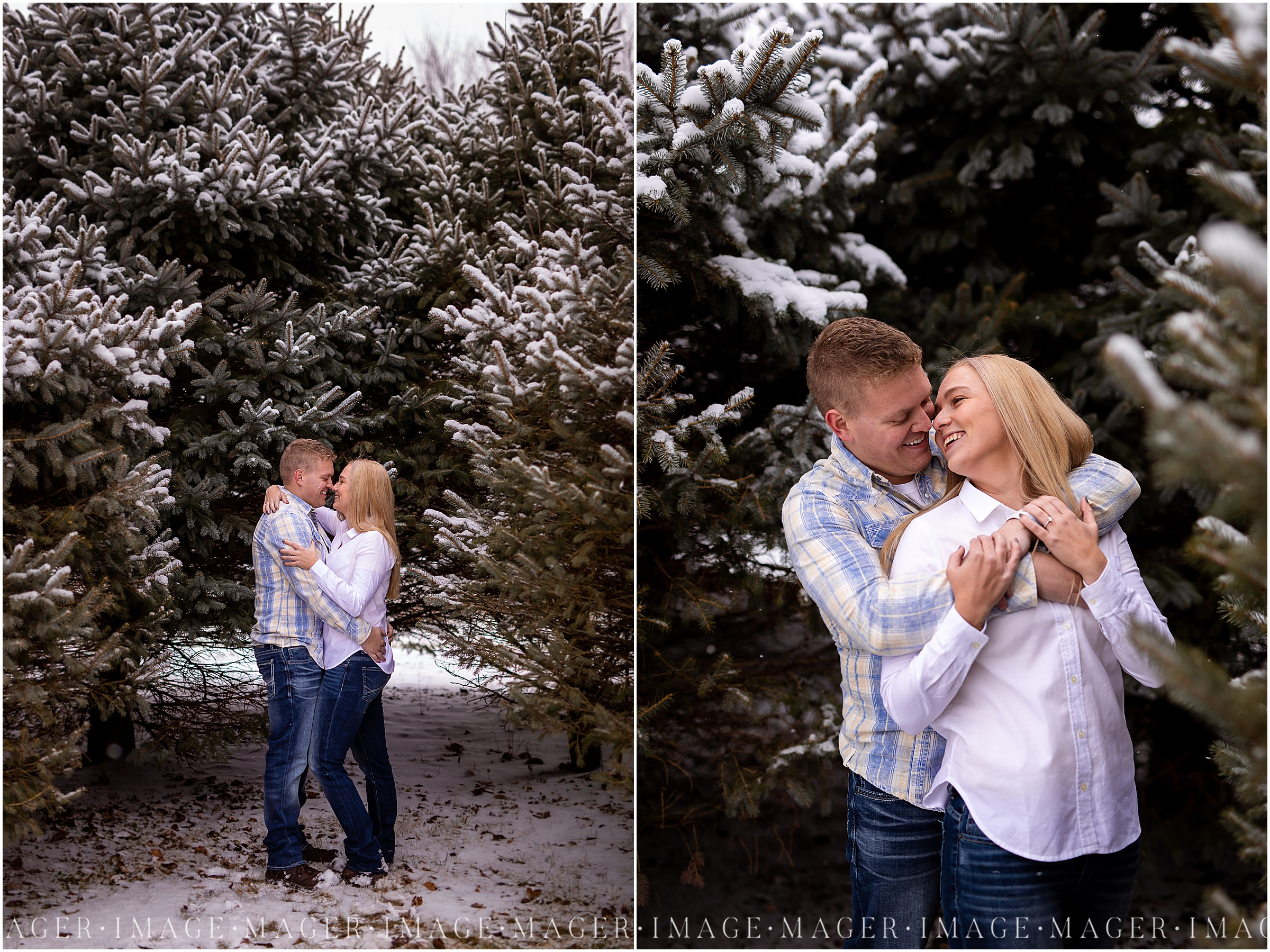 snow engagement session evergreen trees Ten Mile Grove