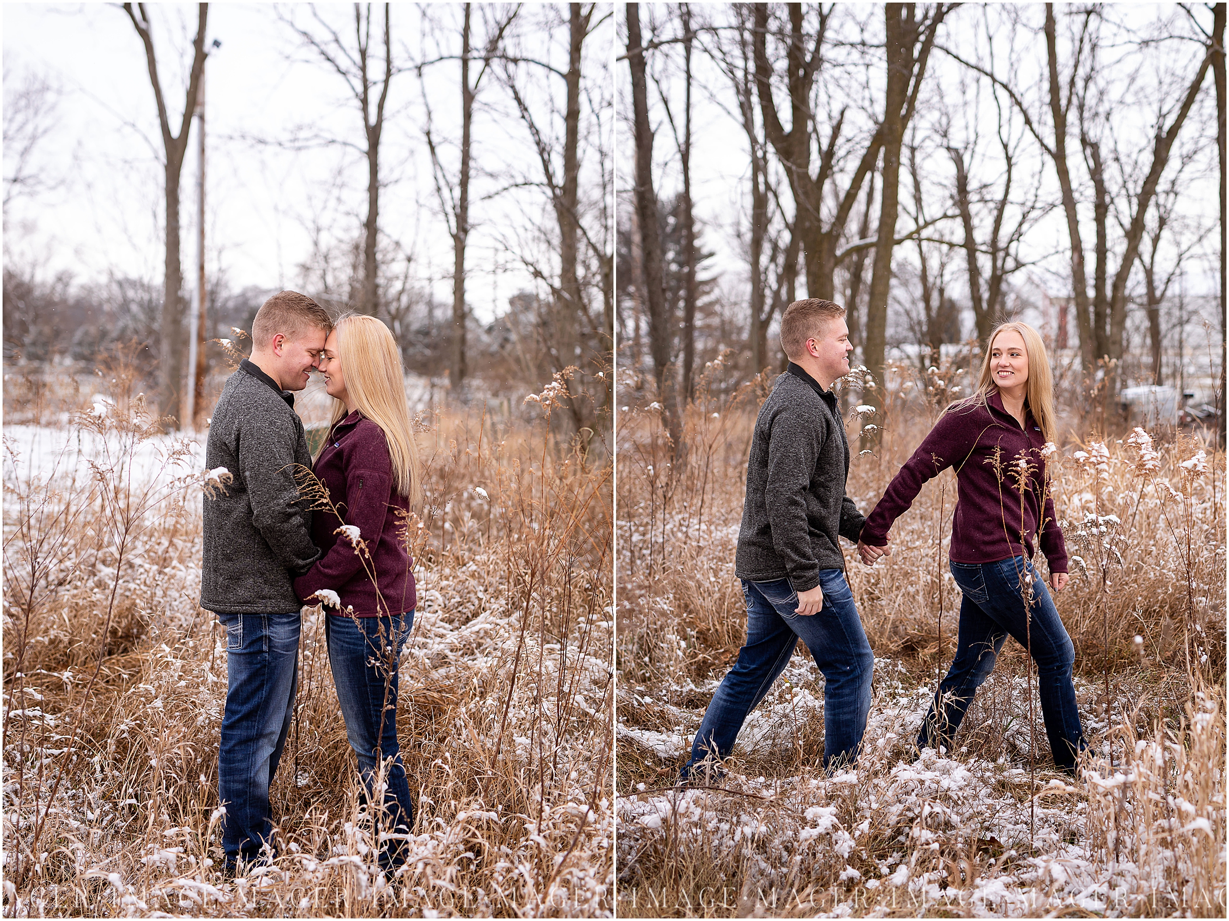 winter engagement session in prairie grass midwest