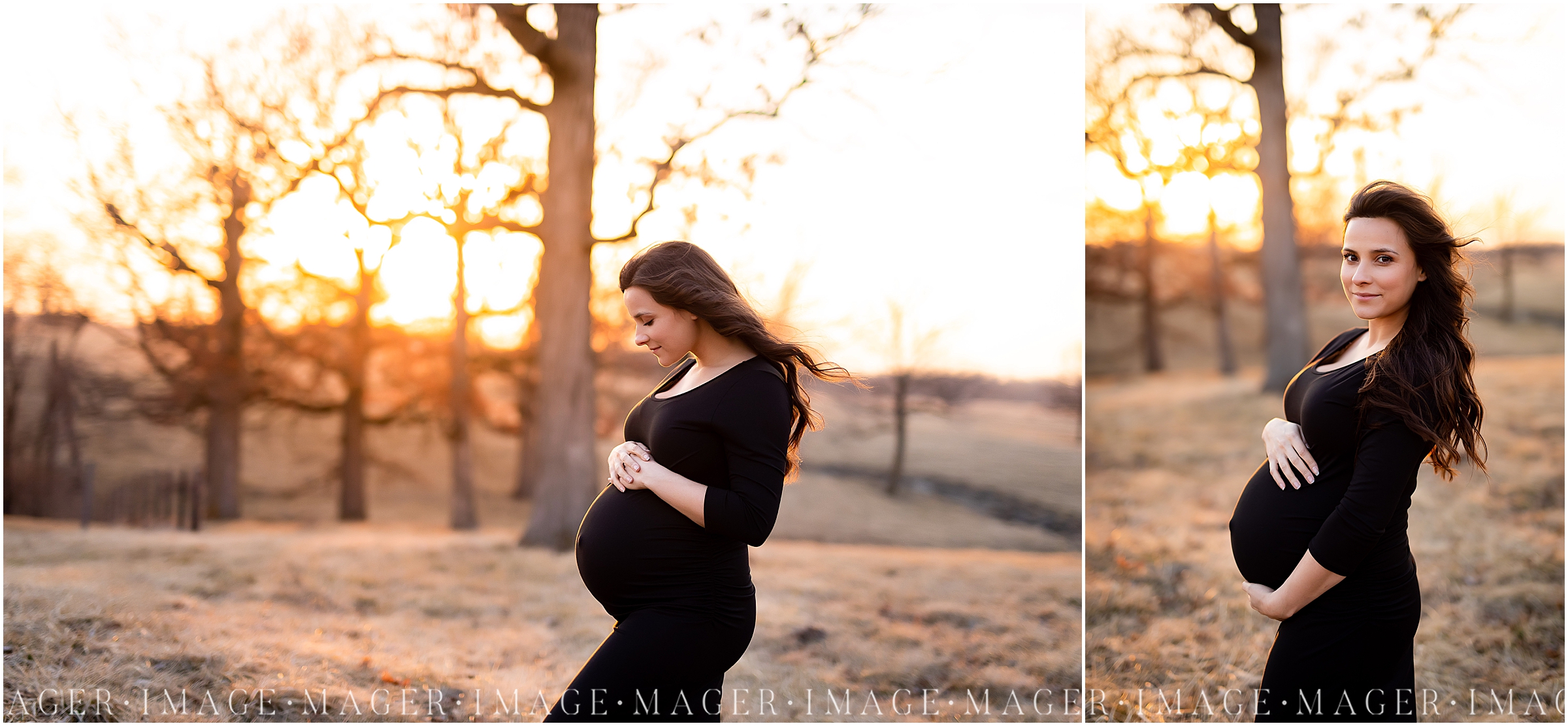 black maxi dress, golden hour maternity session, midwest, country