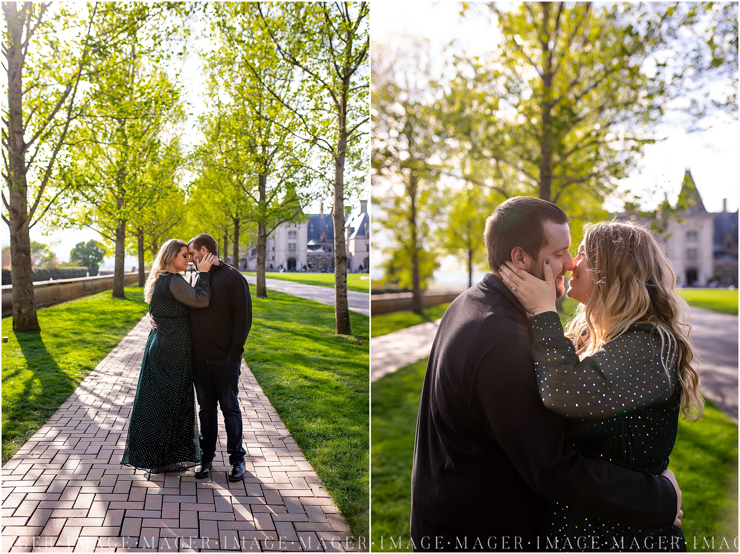 emerald green maxi dress with gold sparkles, Biltmore Estates engagement session
