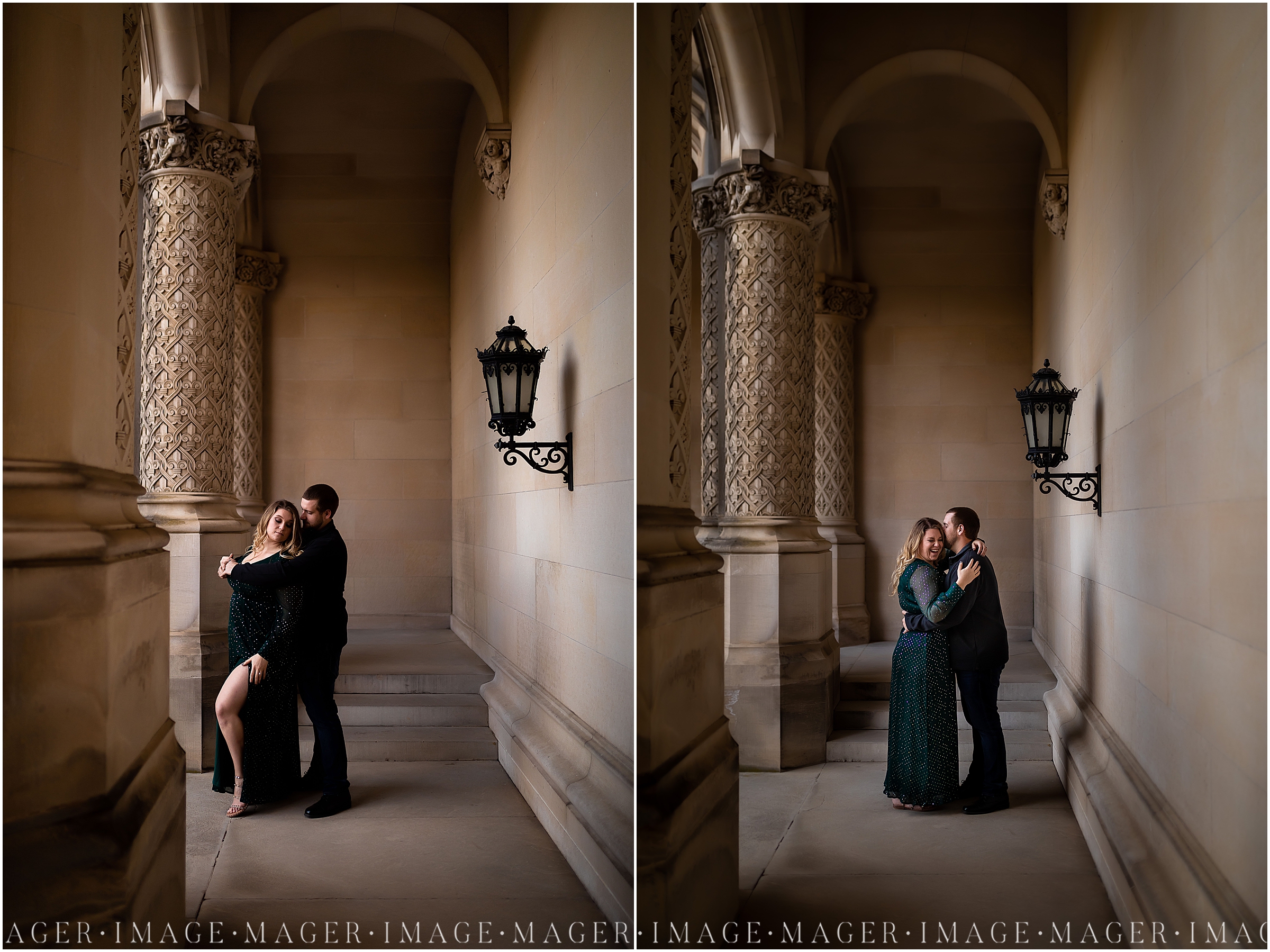 outdoor hallway dramatic archway engagement session, biltmore estate