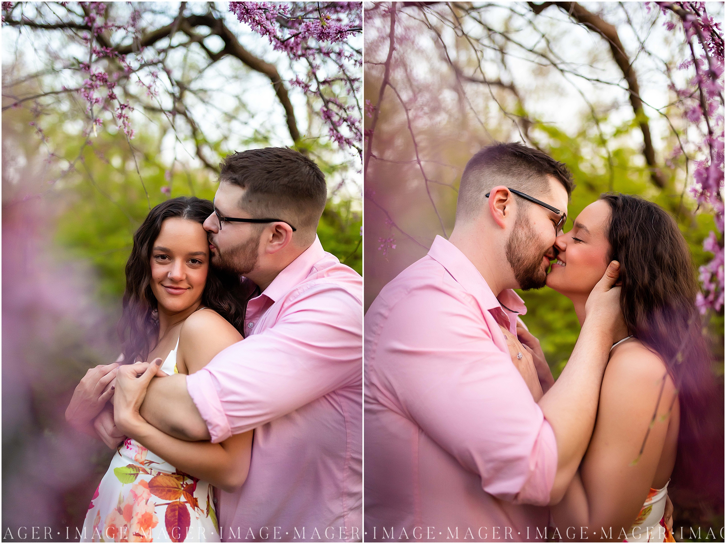spring time blooming trees engagement session indian cave, pink trees floral blooms