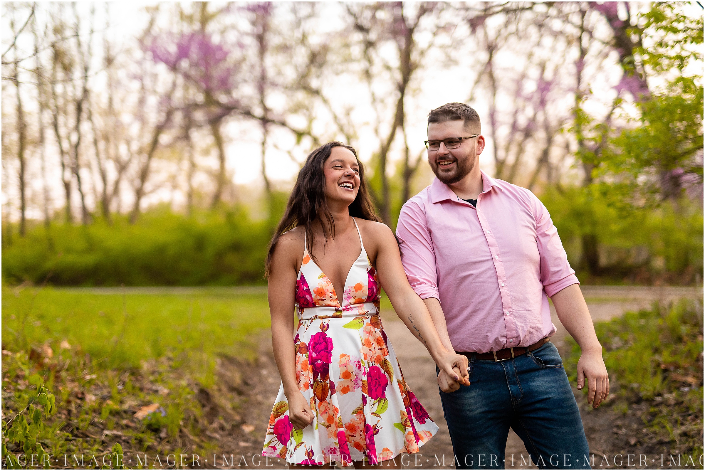 pink springtime engagement session, full bloom trees, indian caves