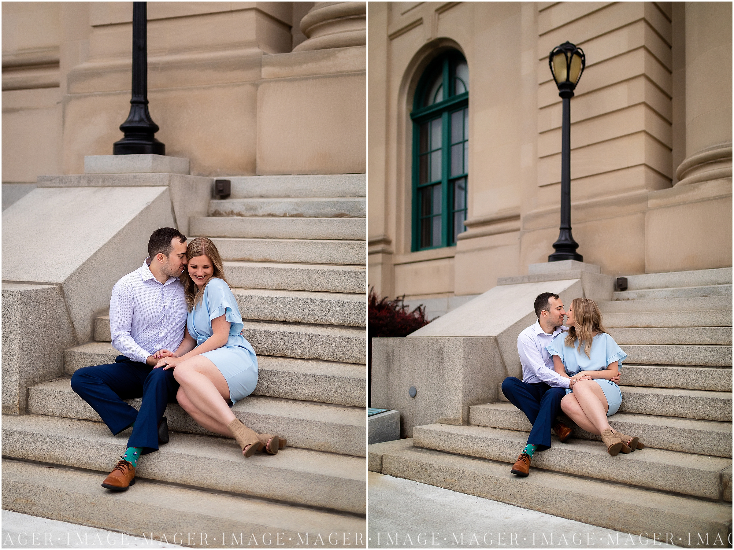 A college of two images of a couple sitting on concrete steps outside of a building in downtown Danville, IL.

Photo taken by Mager Image Photography 