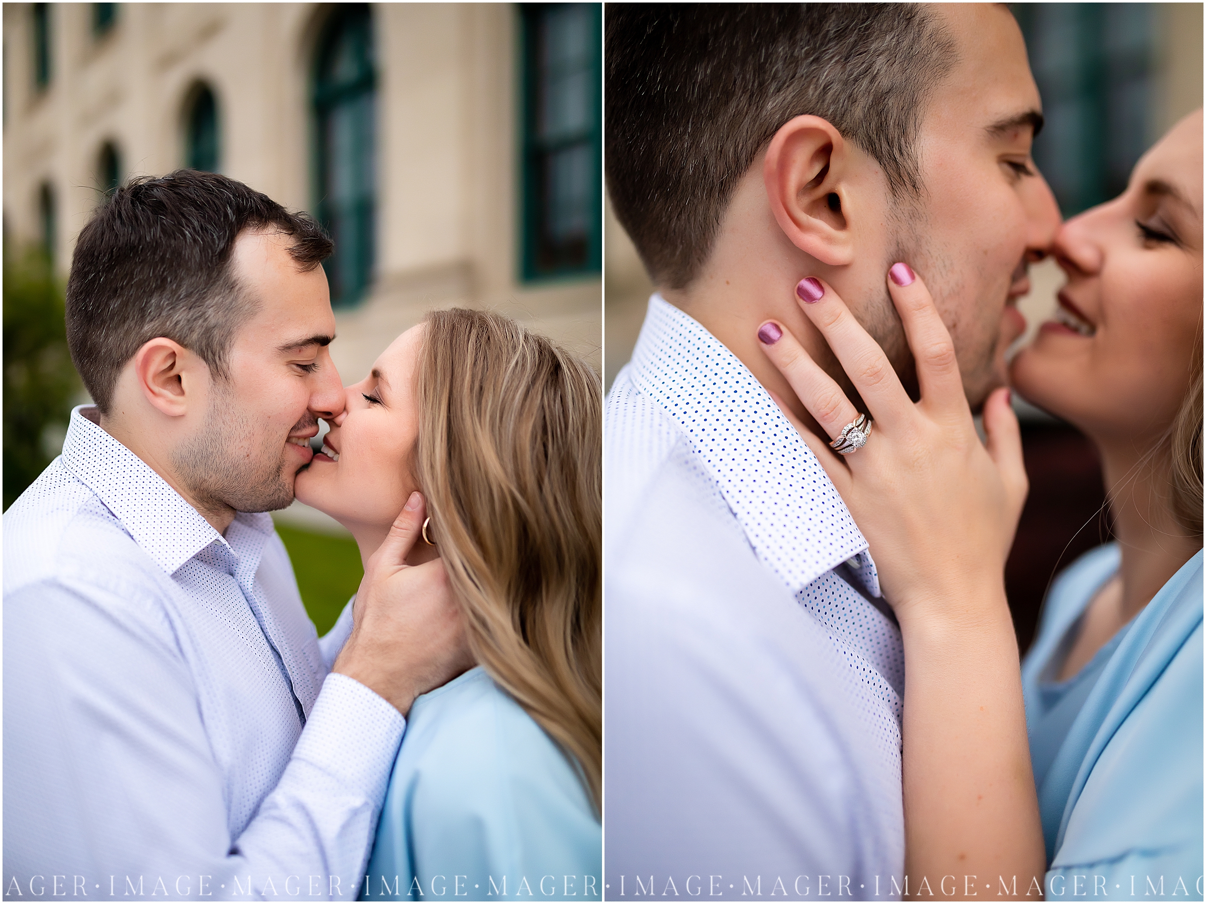 A collage of two images of a couple embracing each other, almost kissing, and smiling at their engagement session in downtown Danville, IL.

Photo taken by Mager Image Photography  