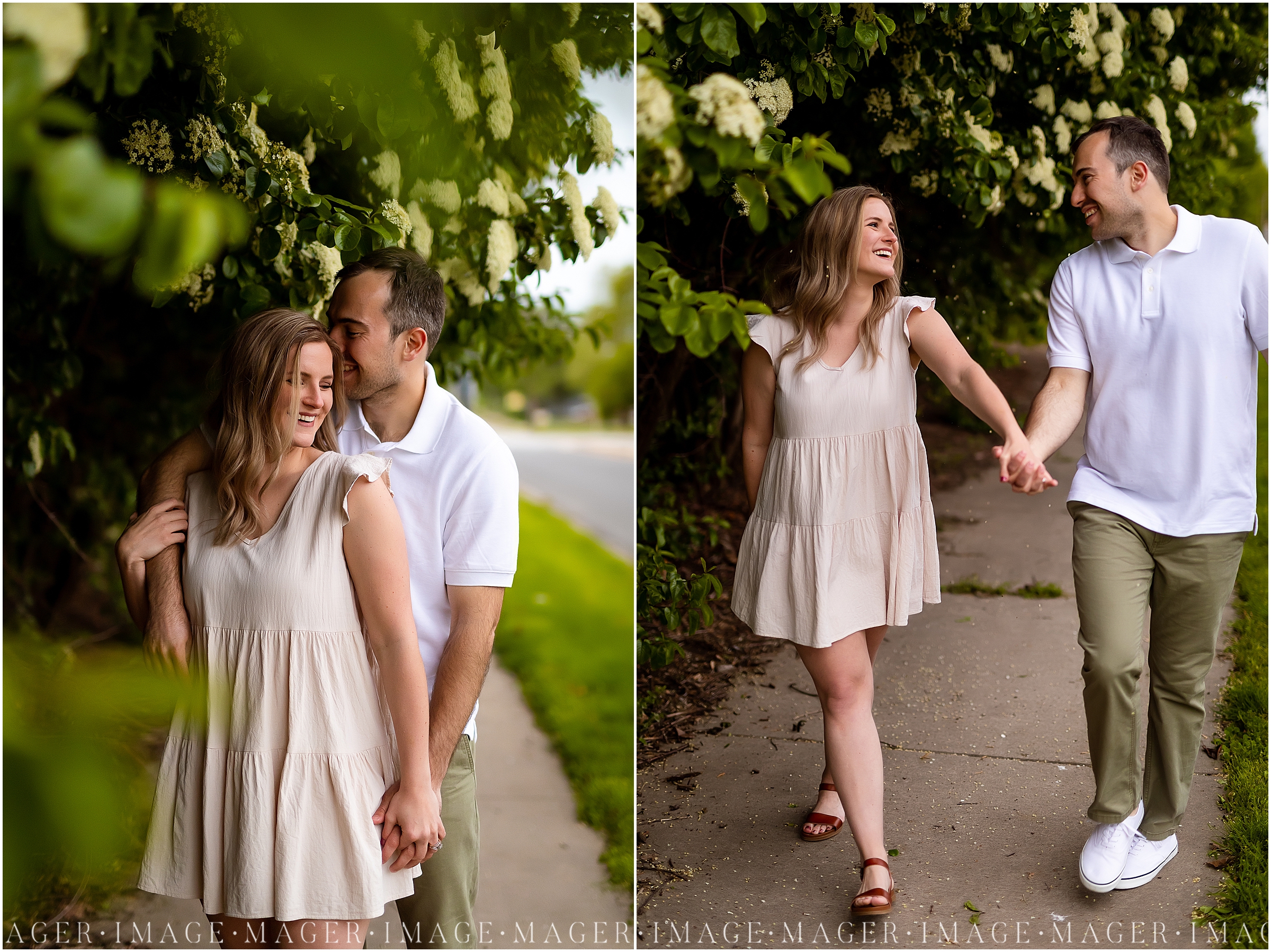A collage of two images of a couple on a sidewalk surrounded by greenery and blooms at their downtown Danville, IL engagement session.

Photo taken by Mager Image Photography 