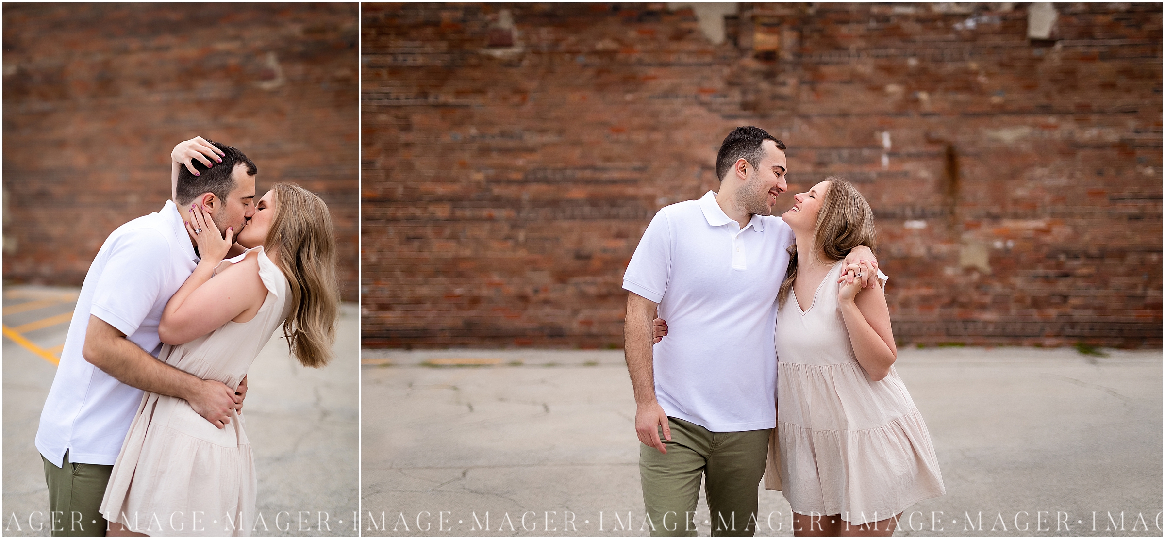 A couple kisses in front a brick wall in downtown Danville, IL. 

Photo taken by Mager Image Photography 