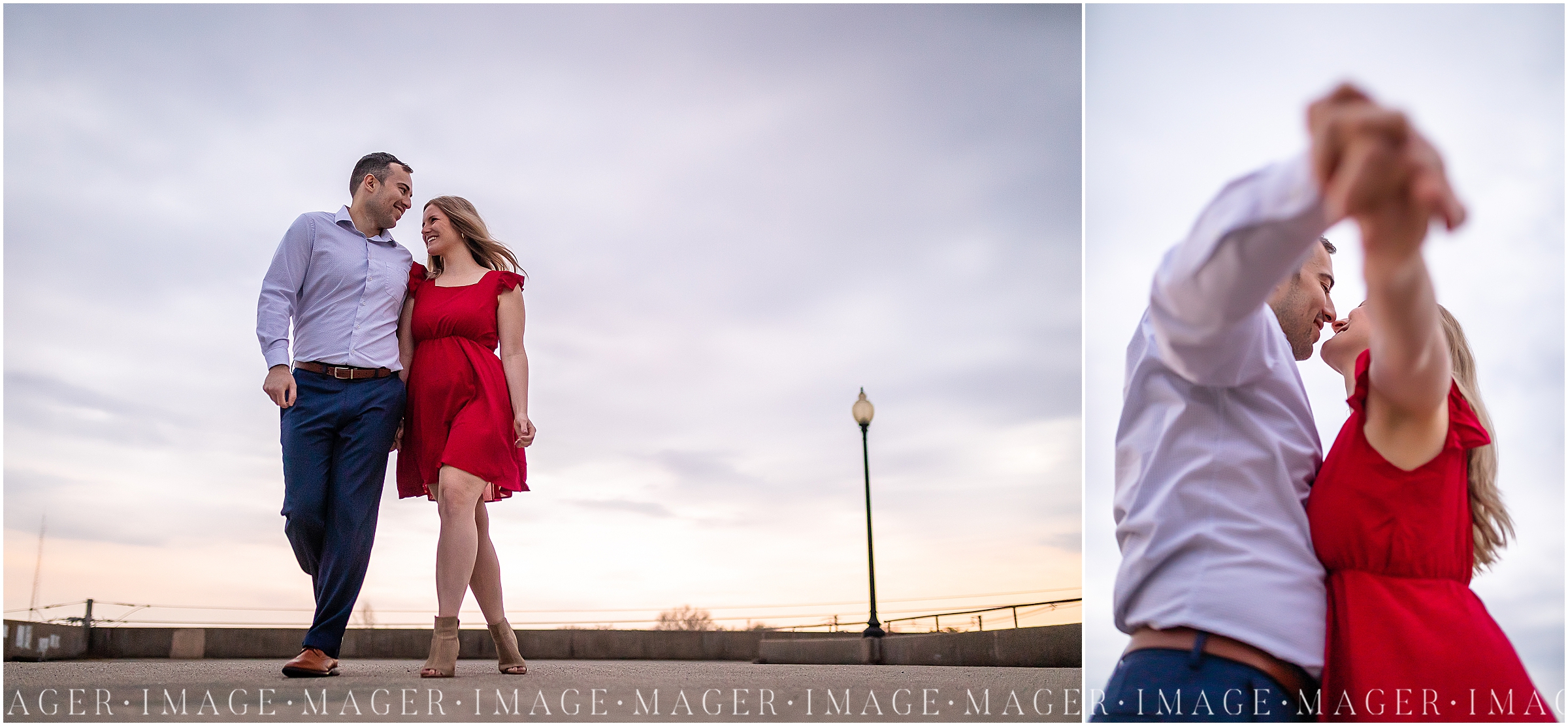 A woman in a red dress and a man in a button down and pants pose on a rooftop in downtown Danville, IL. 

Photo taken by Mager Image Photography 