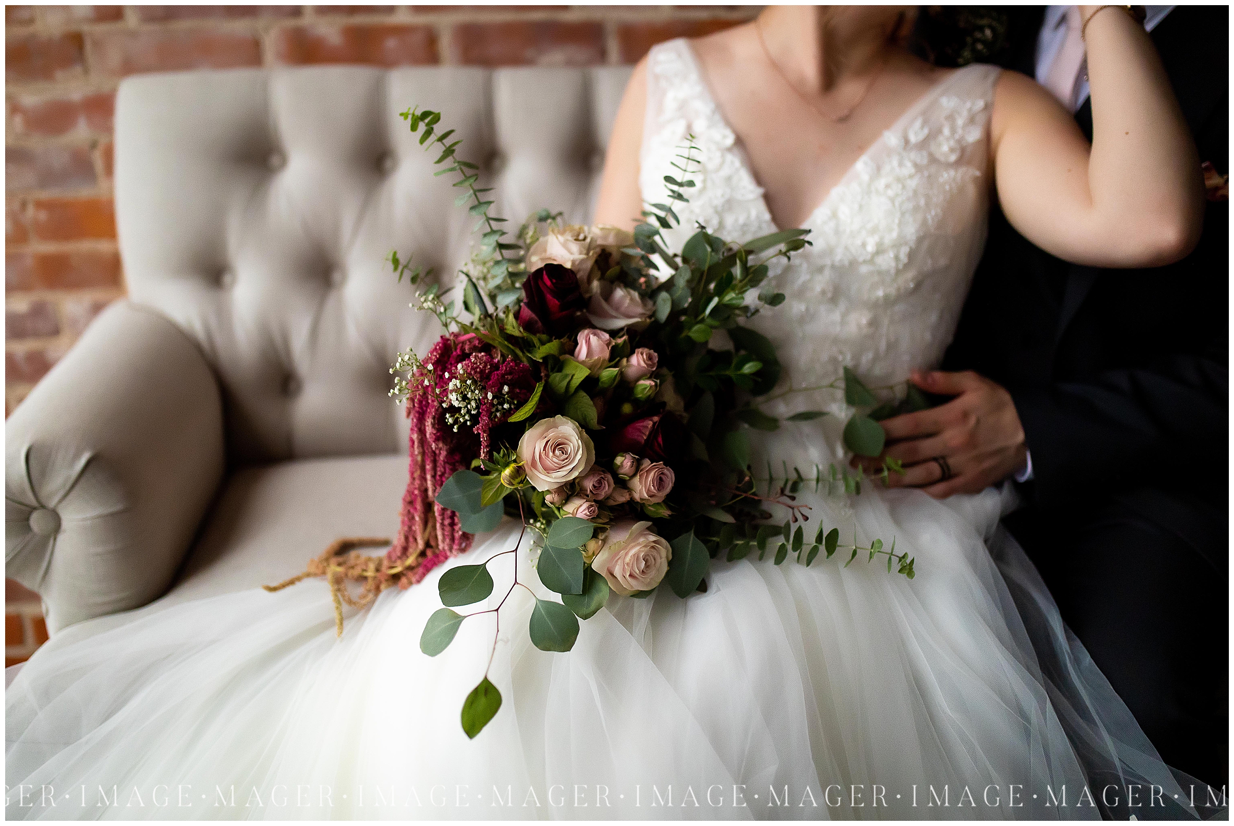 blush roses and maroon floral wedding bride bouquet