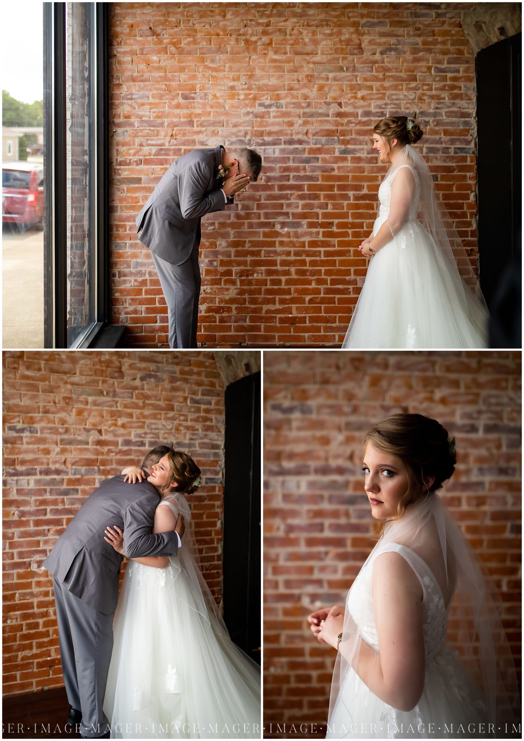 emotional father of the bride first look, brick wall background