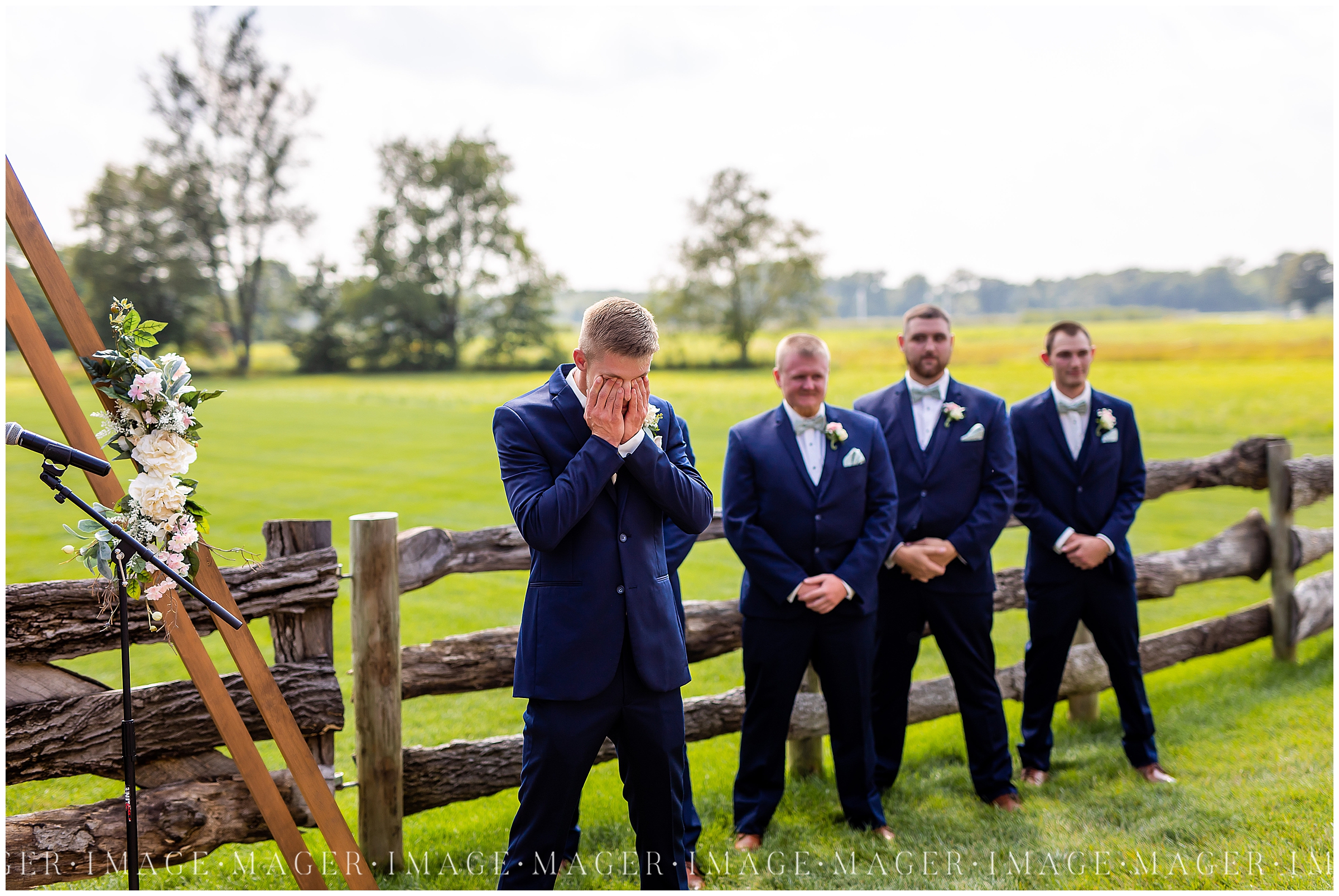 groom crying when bride walks down isle, outdoor wedding