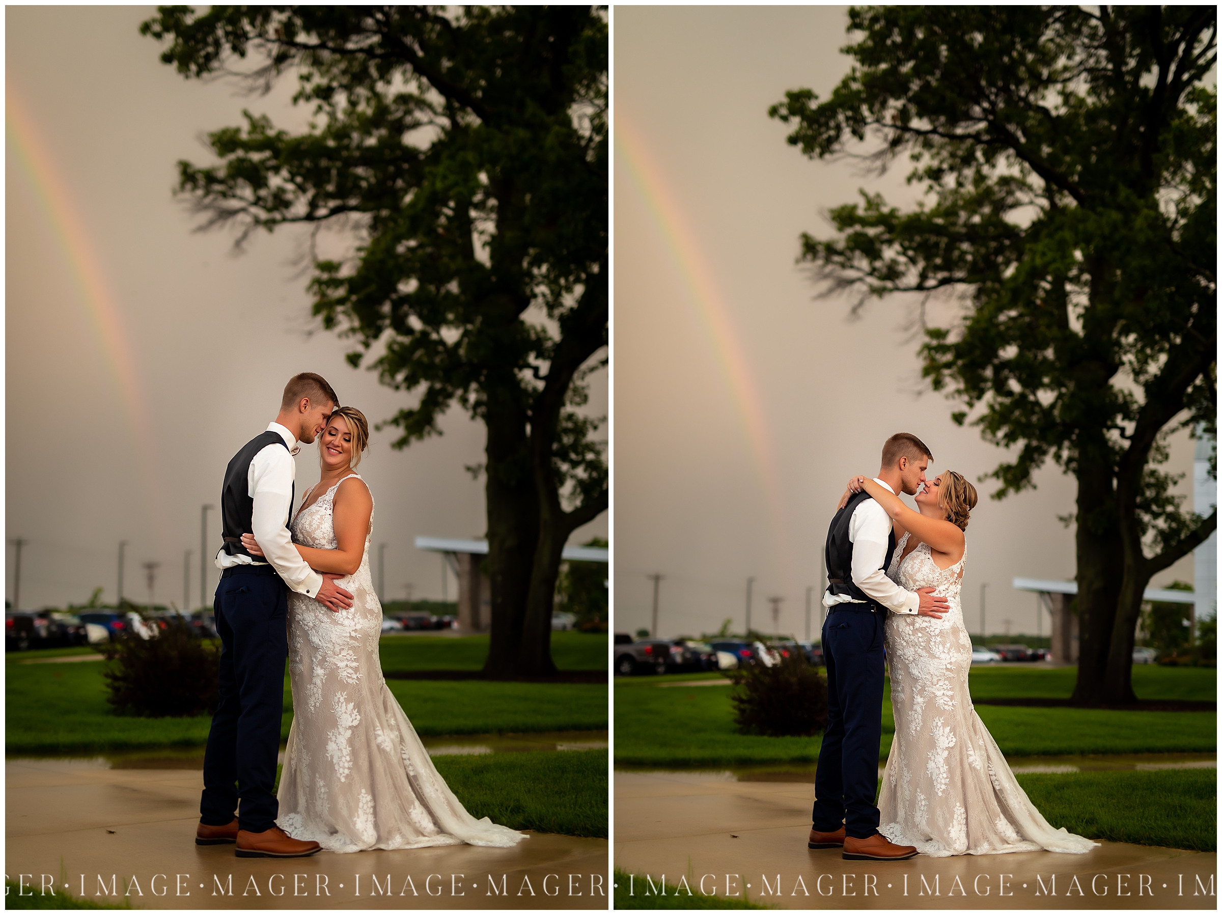 rainbow on wedding day, rainbow bridal portraits