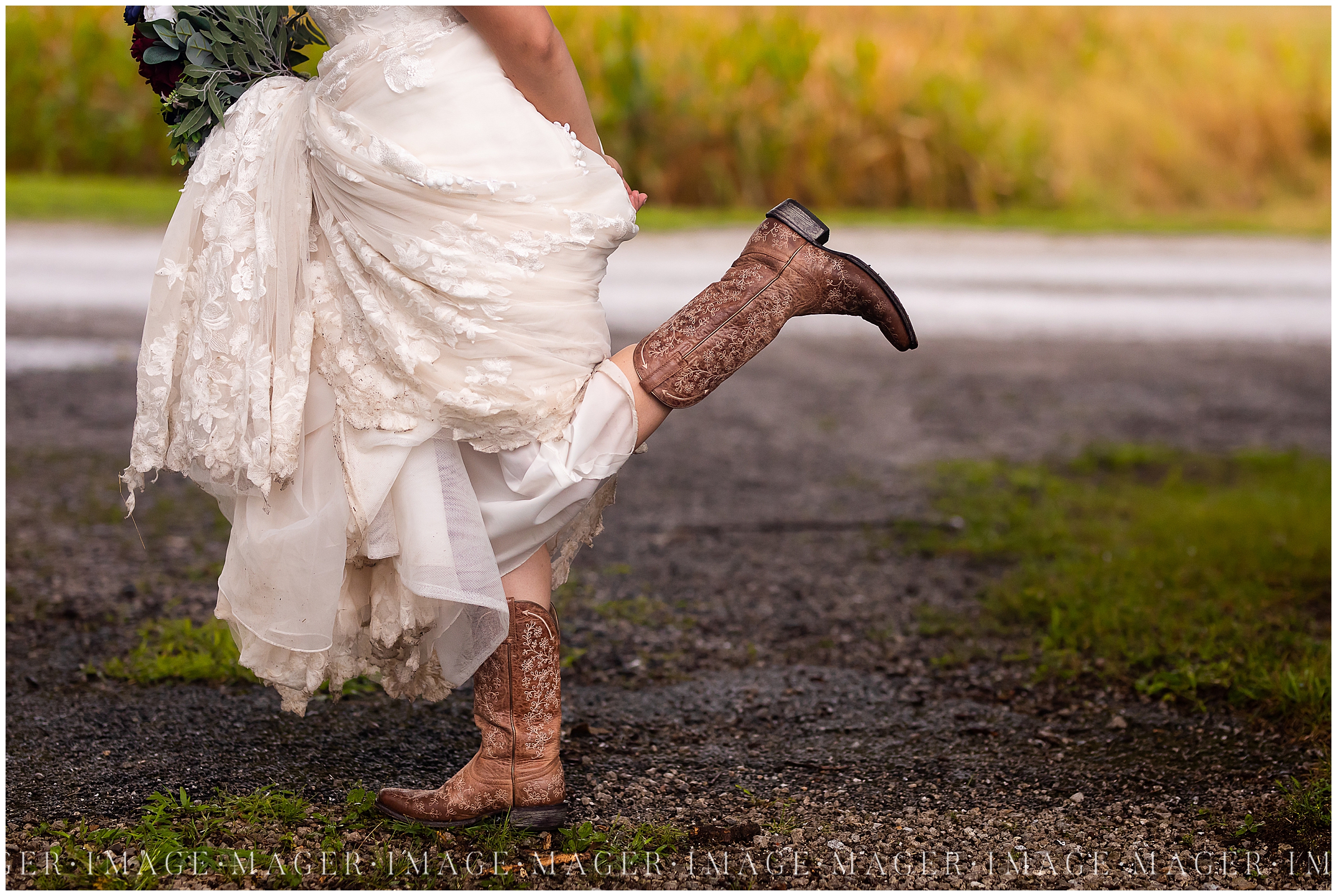country-bride-dress-boots-muddy-rainy-wedding-day