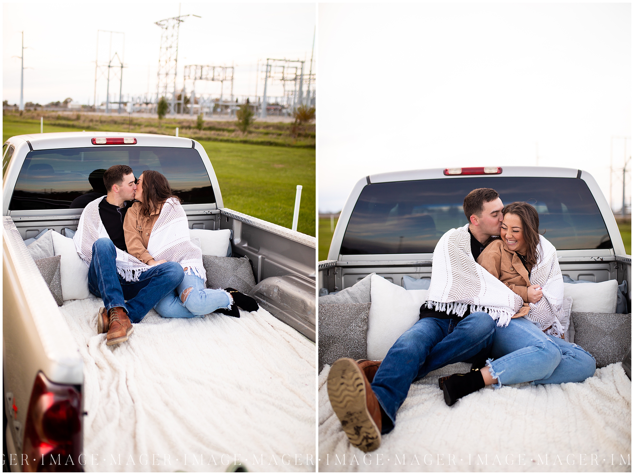 drive in movie themed session couple jeans fall truck pillows