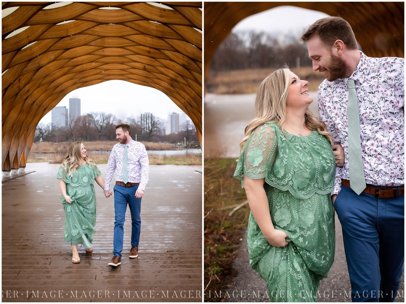 honeycomb statue lincoln park chicago engagement session snow