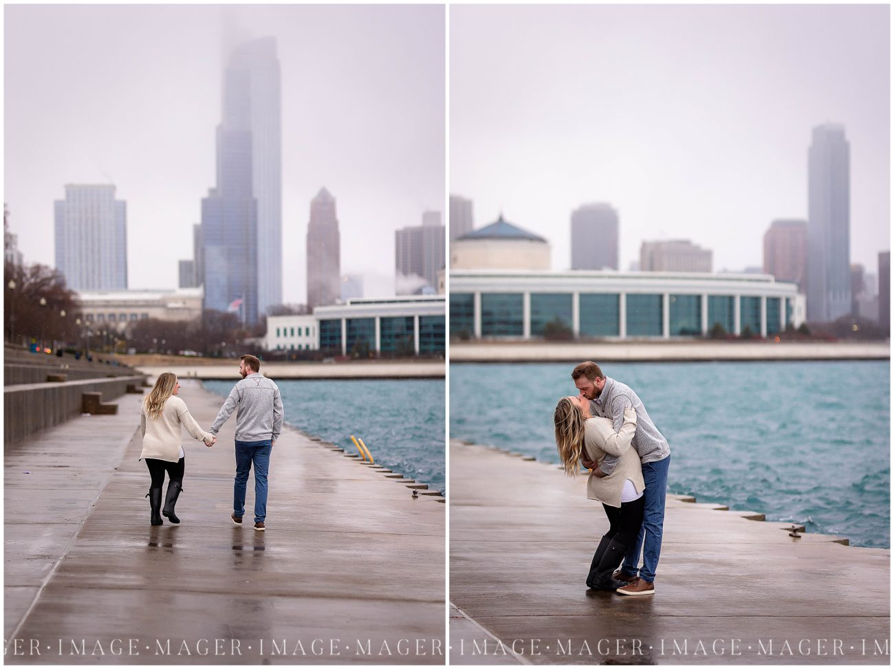 chicago city skyline engagement session rain